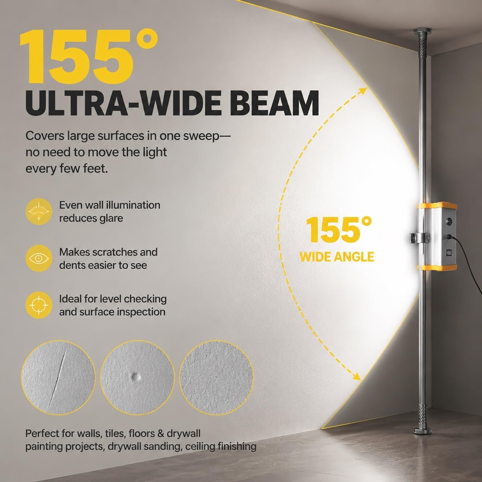 Lampada Per Lucidatura Pareti, Lampada A Led Per Imbianchini Con Asta | fascio luminoso di 155° e 3 livelli di luminosità, rotazione a 360°, doppie fessure di montaggio, per pareti e piastrelle