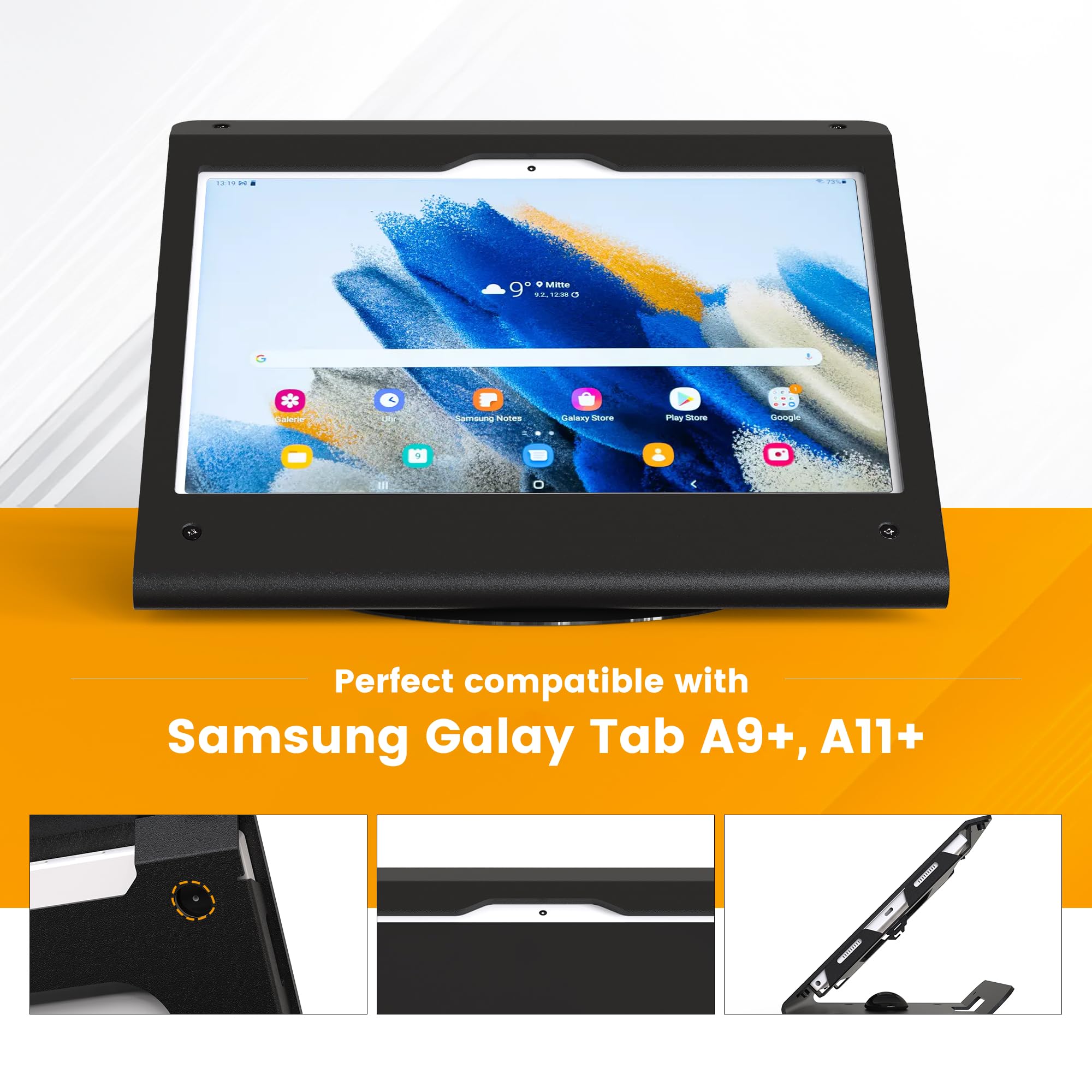 Support de tablette pour Samsung Galaxy Tab A9+ (11 pouces) en acier robuste avec base pivotante à 360° avec câble antivol
