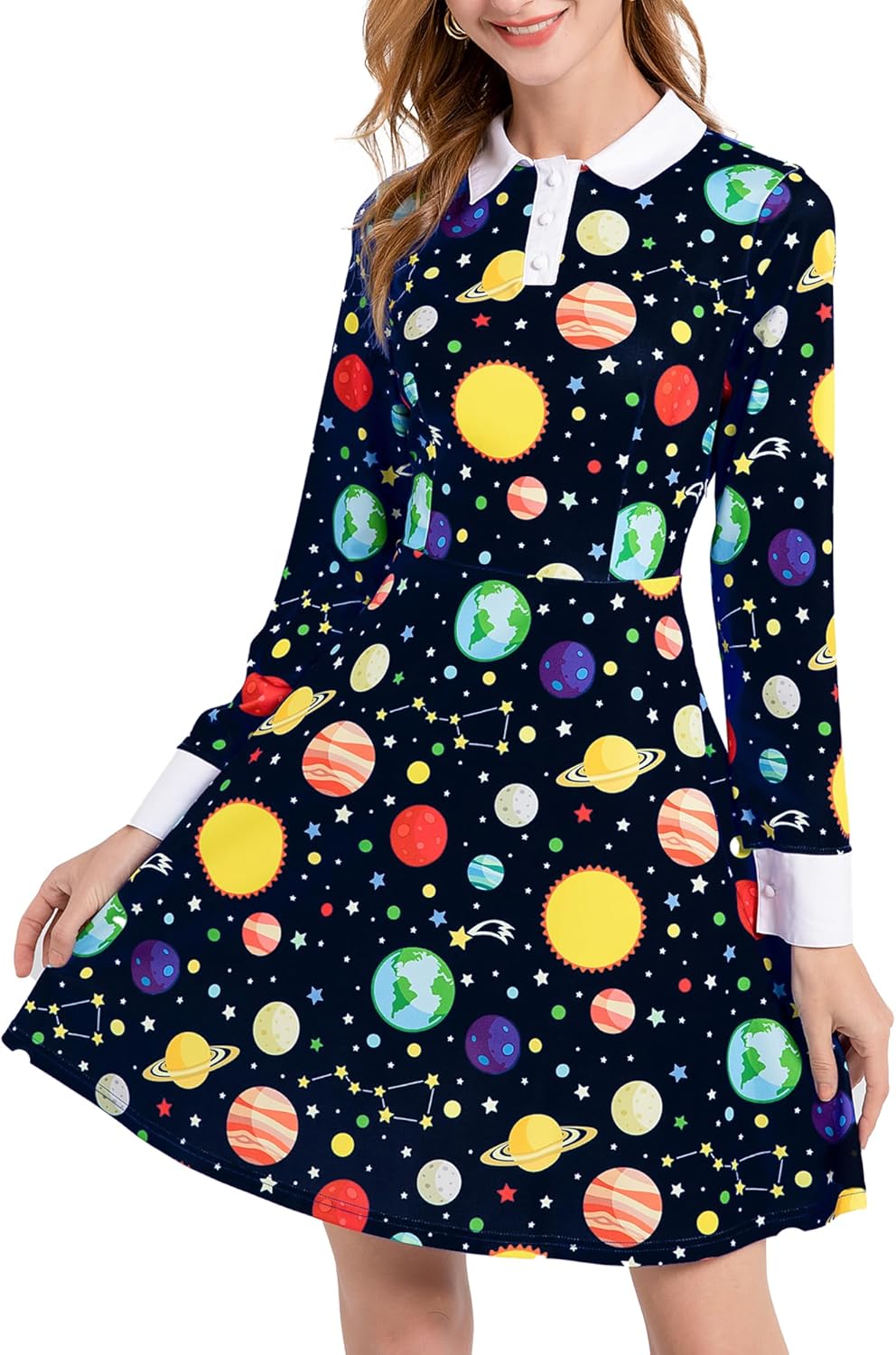 Womens Long Sleeve Peter Pan Collar Fit and Flare Above Knee Aline Halloween Dress