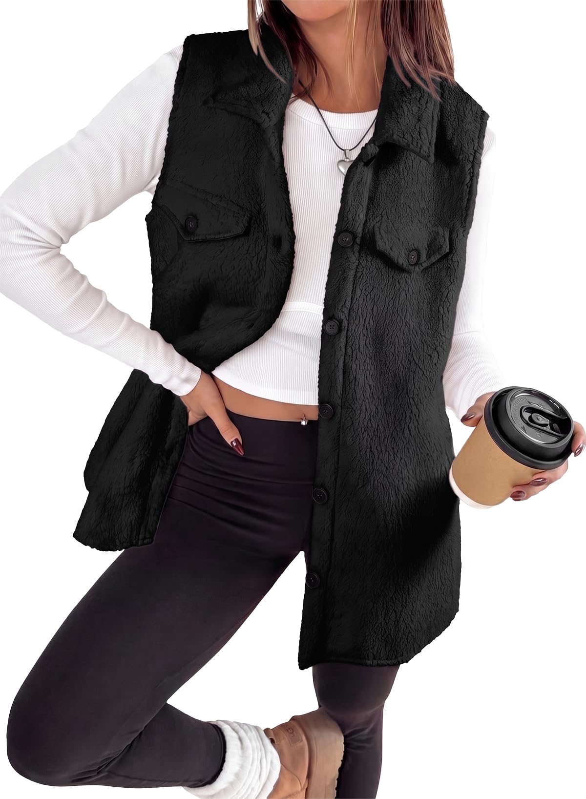 Womens Warm Sherpa Fleece Sleeveless Button Down Long Vest Sherpa Jackets Coat Outerwear-image-27