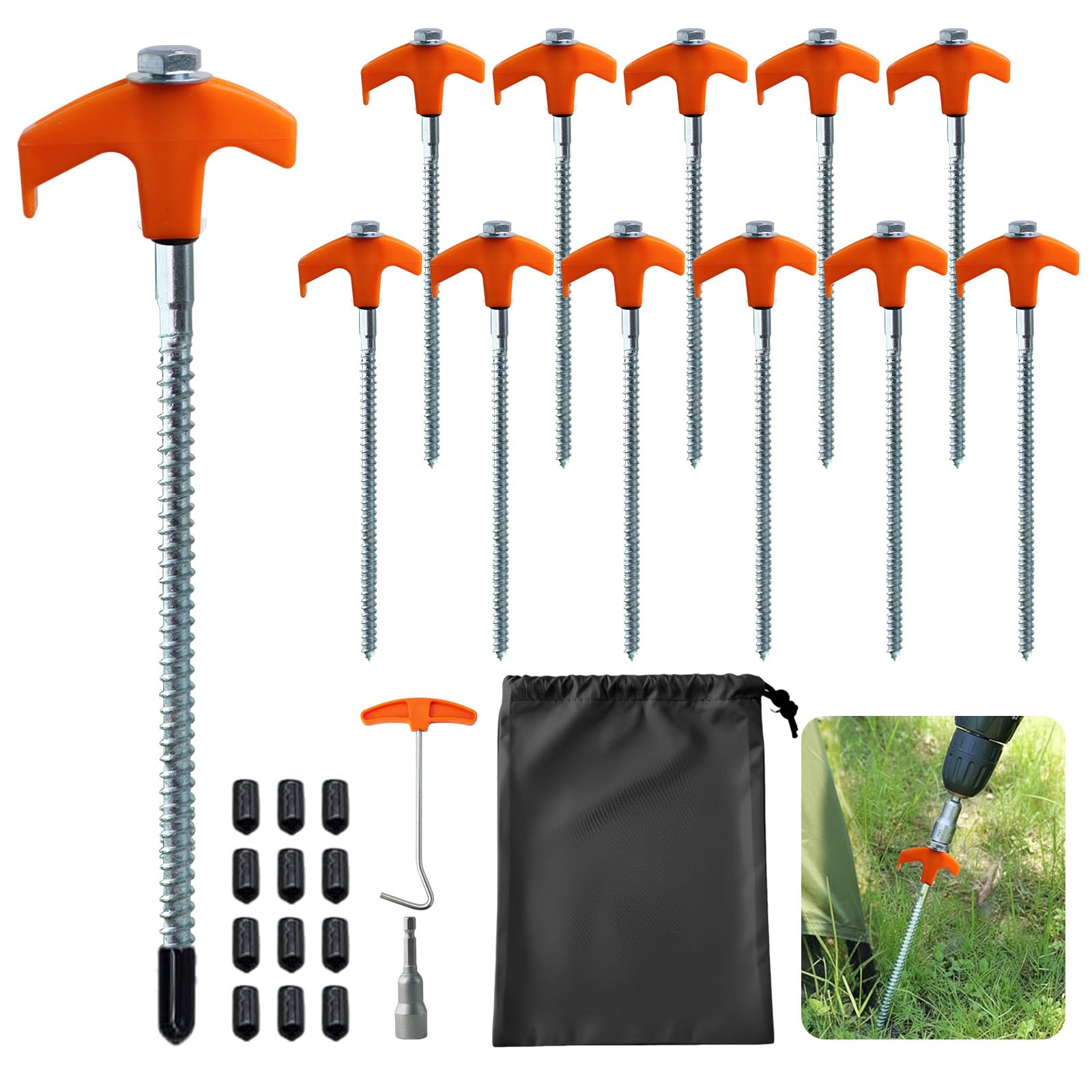 Heavy Duty Metal Tent Pegs, Rotating Rock Pegs with Thread, Ground Anchors for Camping, Includes Drill Adapter & Nail Puller, Durable Steel Stakes for Garden, Canopies & Outdoor (Orange)