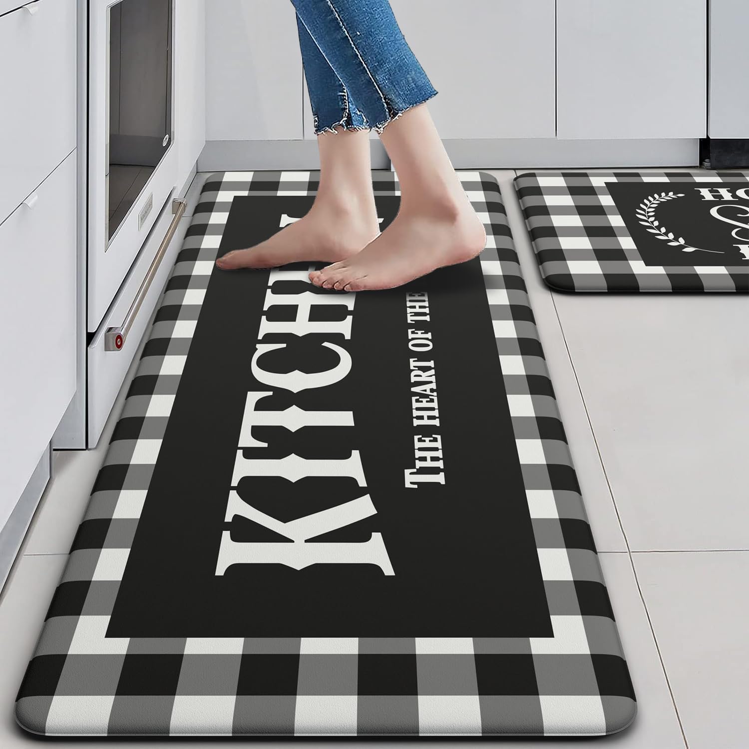 MAYHMYO Buffalo Plaid Kitchen Rugs Sets of 2 Black and White Kitchen Mat Anti Fatigue Sweet Home Waterproof Comfort Mat for Kitchen Sink Floor Laundry