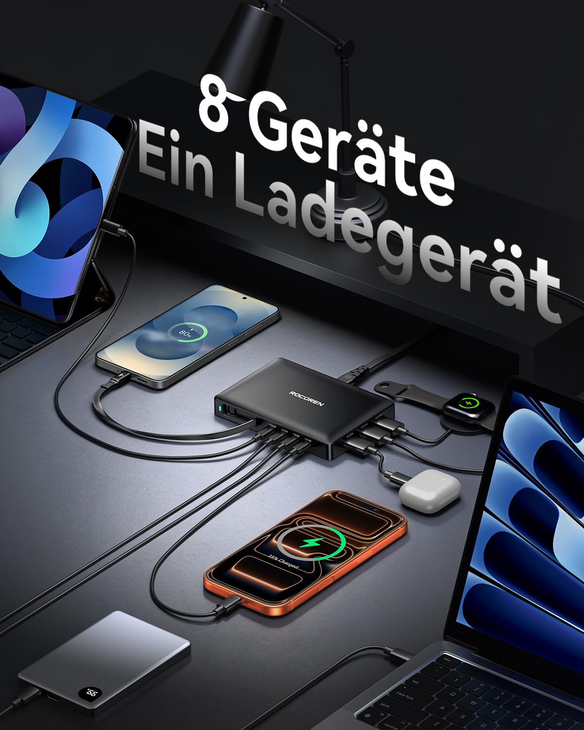 Rocoren 8 in 1 Retractable Charger USB C Ladegerät Mehrfach mit Schnell Einziehbares Ladekabel, PD 100W GaN Ladestation Mehrere Geräte Kompatibel mit iPhone, Galaxy, MacBook, Pixel, Laptops, Handy