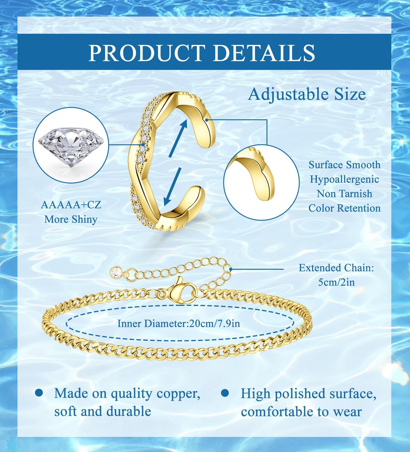 CASDAN 13Pcs Toe Rings and Ankle Bracelets for Women Silver Gold Layered Anklets Chain Adjustable Open Tail Toe Ring Beach Foot Jewelry for Summer