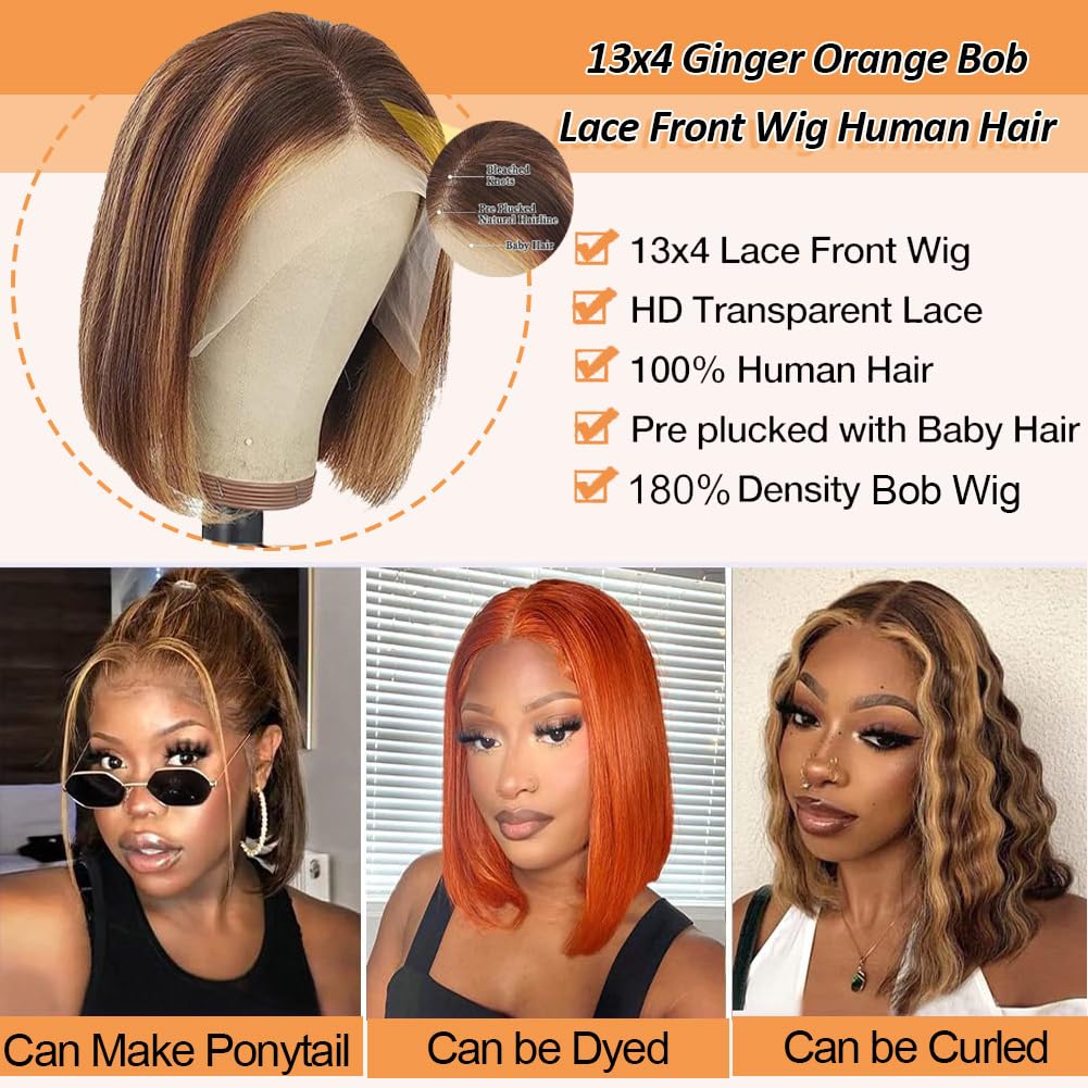Peluca Bob con reflejos de cabello humano predepeilada 13x4 ombré rubio miel HD encaje frontal, pelucas Bob para mujeres negras 4/27 sin pegamento, peluca Bob ombré de rubio a castaño, lista para usar 3