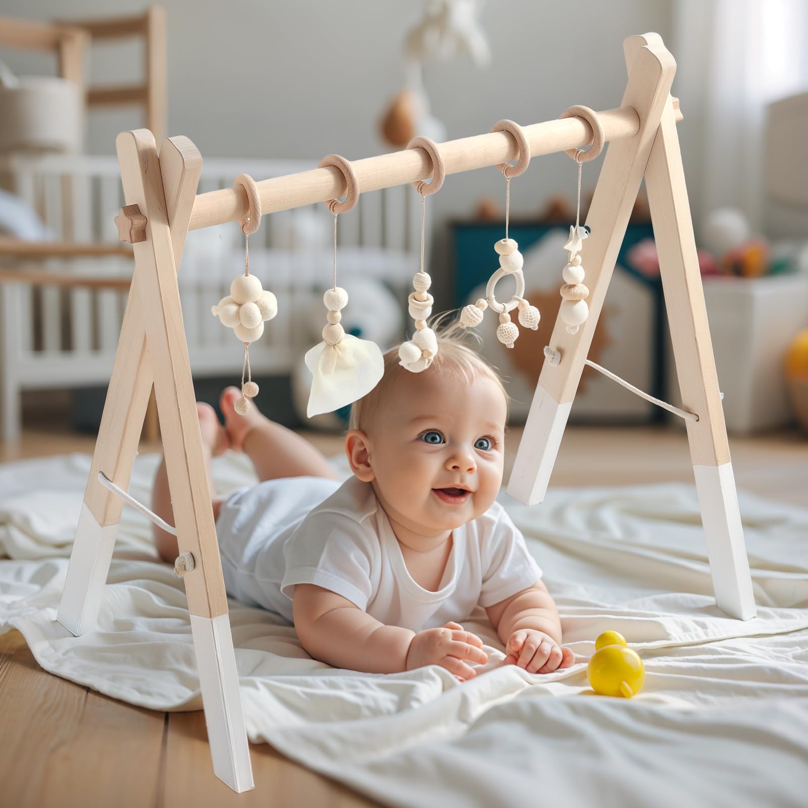 Arco da palestra in legno per bambini con 5 giocattoli sensoriali staccabili cotone bianco