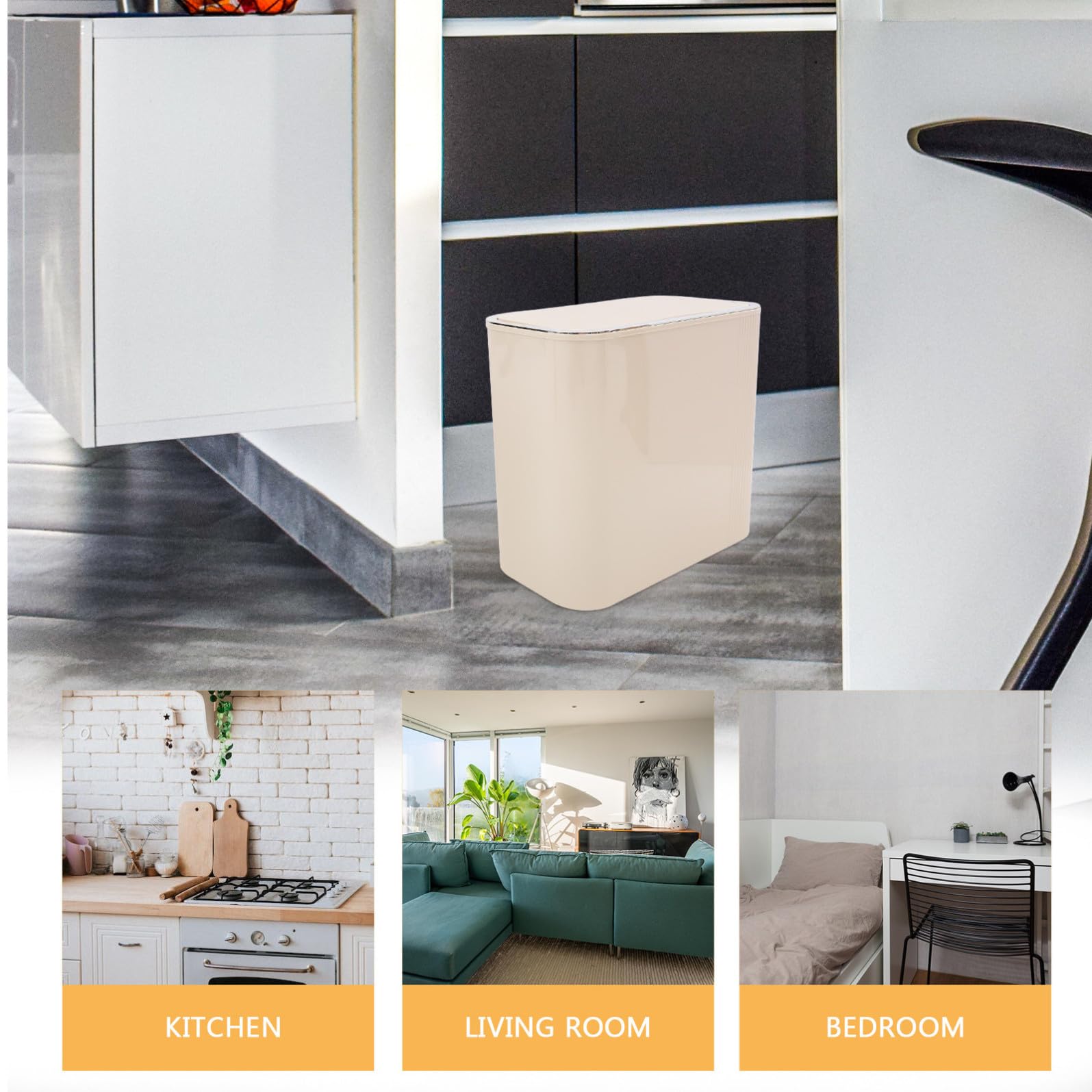 Cestino per Rifiuti in Pet con Coperchio per Ufficio e Camera da Letto, Contenitore Spazzatura Beige Riutilizzabile per Interni