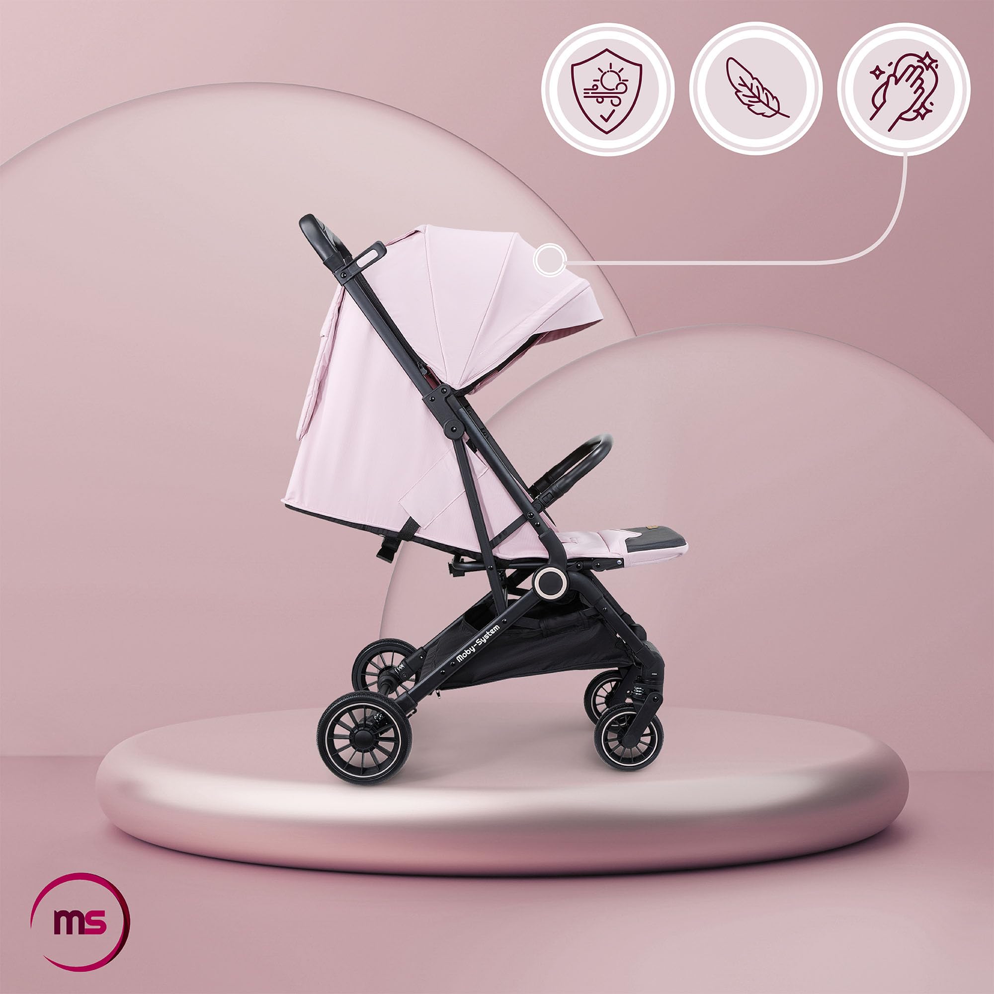 Moby-System LENA PINK PRO Poussette Canne avec Fonction Valise, Légère et Compacte 6–48 Mois, Roues EVA avec Suspension, Capote XXL, Pliage à Une Main, Rose