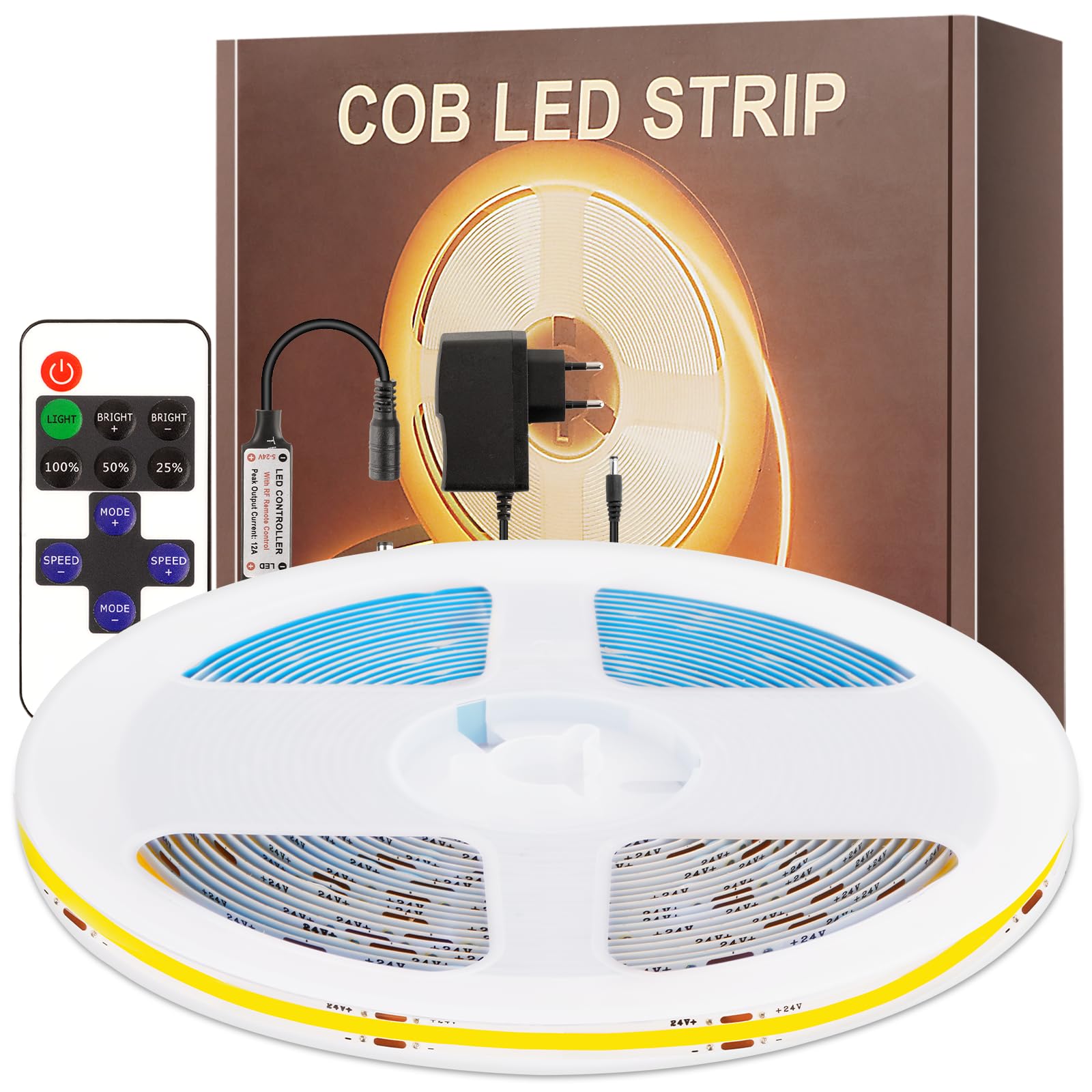 PSTAR Striscia LED COB 6 Metri Bianco Caldo, Strip LED 2700K Alta Luminosità 320LED/M con Telecomando RF, Strisce LED Adesive Flessibile Dimmerabile Tagliabile