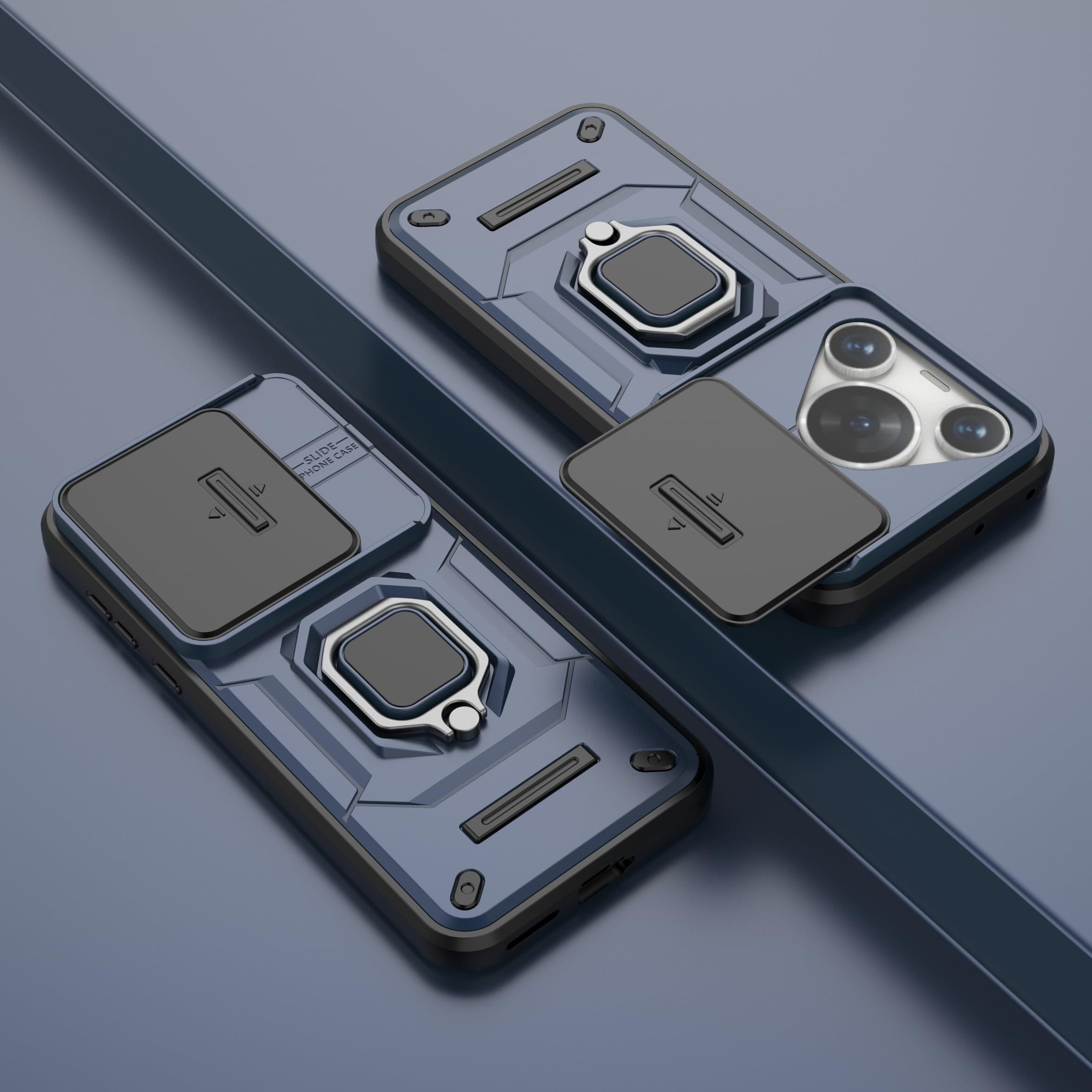 SORAKA Case for Huawei Pura 70 Pro with Ring Holder and Slide Camera Cover Huawei Pura 70 Pro Case with Metal Plate for Magnetic Car Mount Double-Layer Protective case in Hard PC and Soft TPU Blue