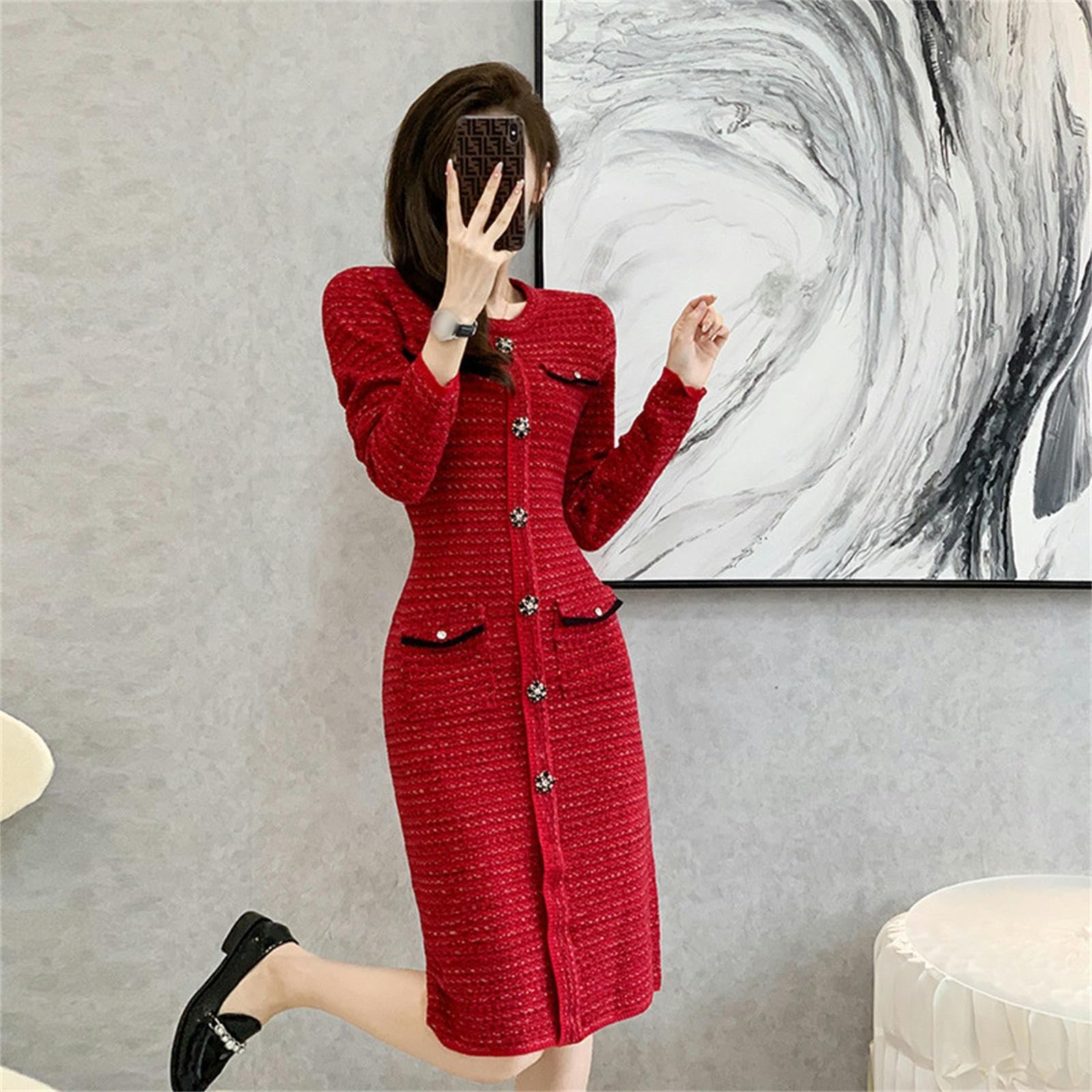 Vestito Donna Autunno Abito da Donna Autunno E Inverno Abito Rosso in Maglione Scozzese A Maniche Lunghe con Scollo Rotondo E Fondo Aderente-Rosso-m