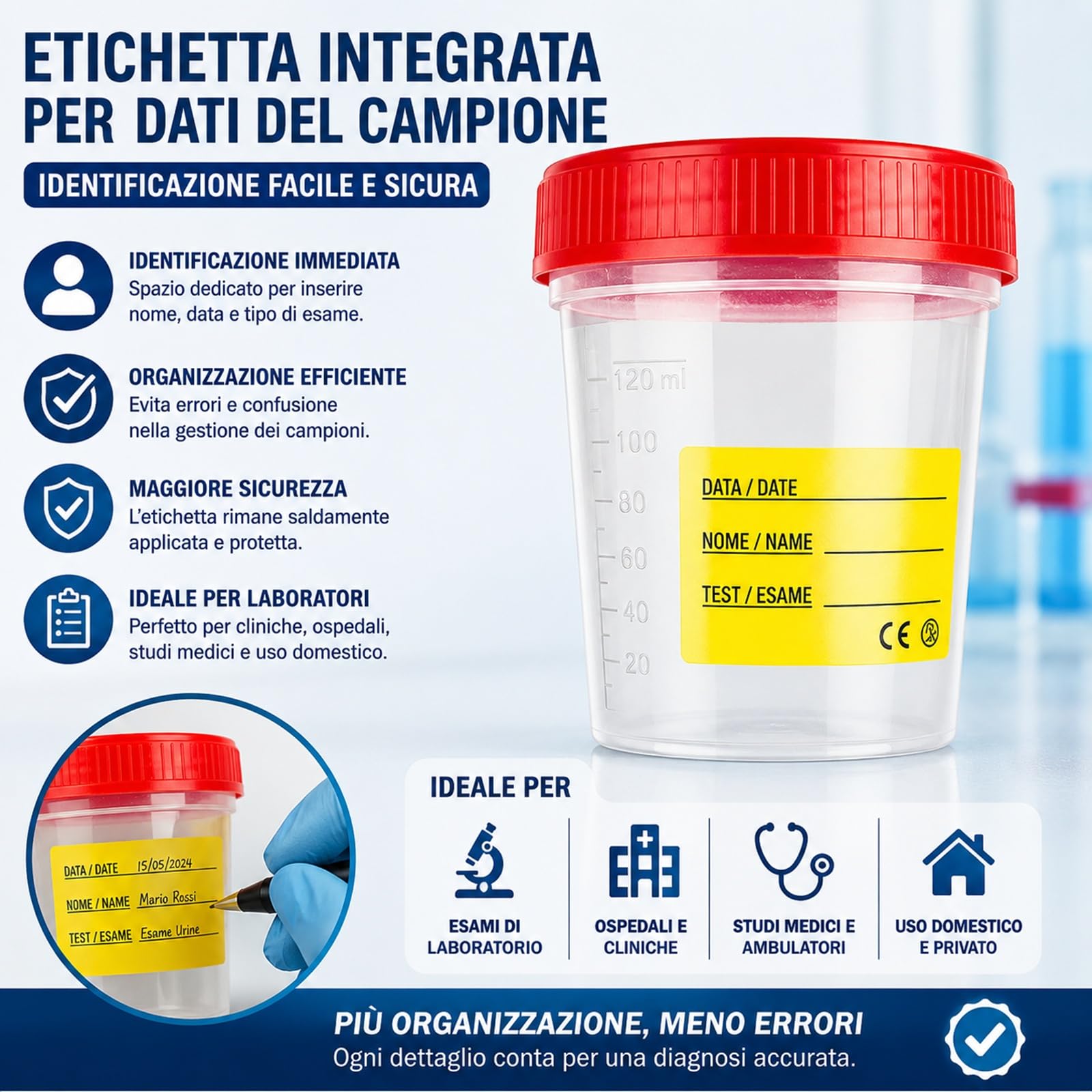 Topolenashop 4 Contenitori Urine Sterili 120 ml con Tappo a Vite ed Etichetta – Vasetti Monouso per Analisi Urine, Urinocoltura ed Esami di Laboratorio, Made in Italy