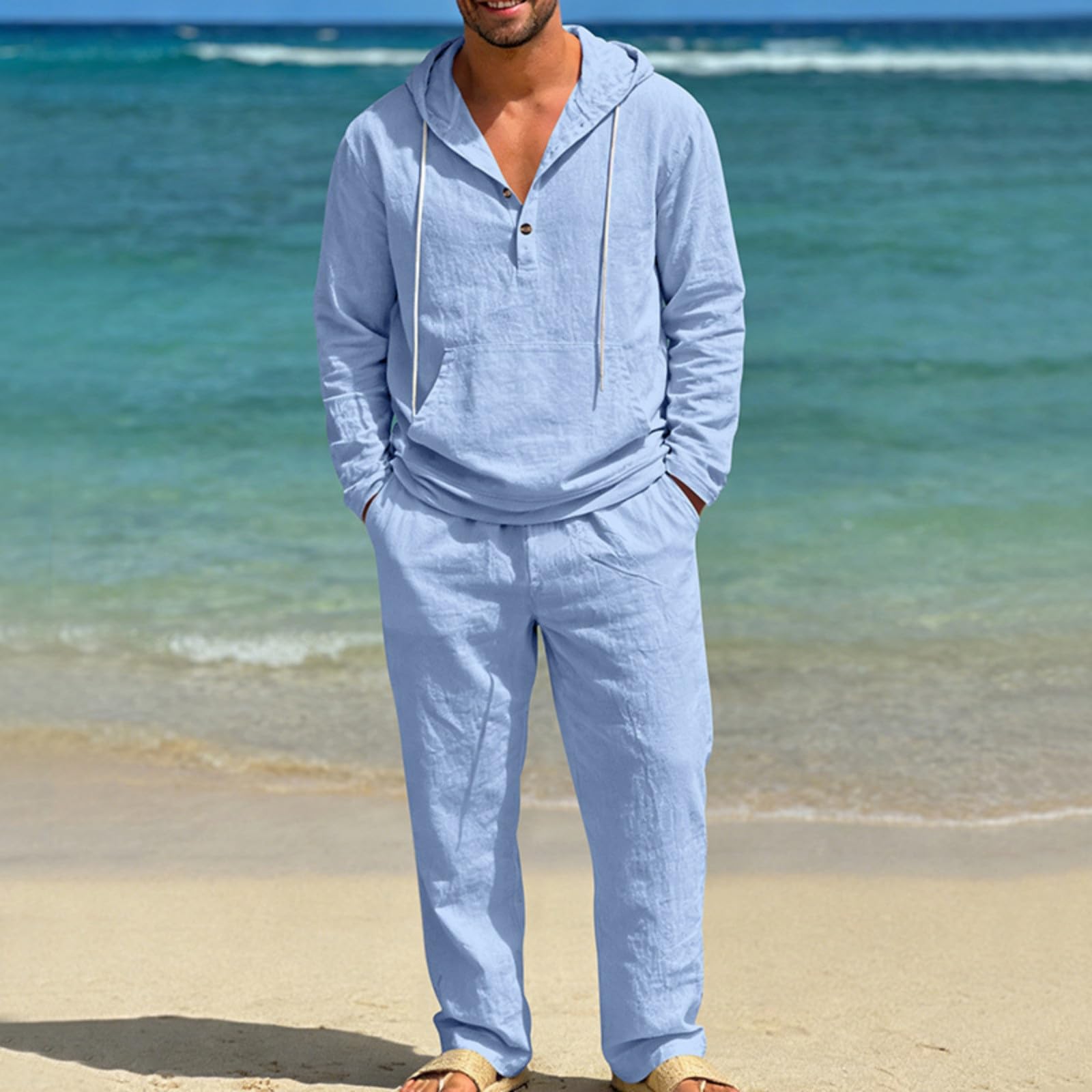 Genérico Traje de Lino para Hombre Informal Conjunto de 2 Piezas Conjunto Deportivo Hombre Camisa Lino Manga Larga Sudadera con Capucha Blusa Verano Camiseta Manga Larga y Pantalón de Playa