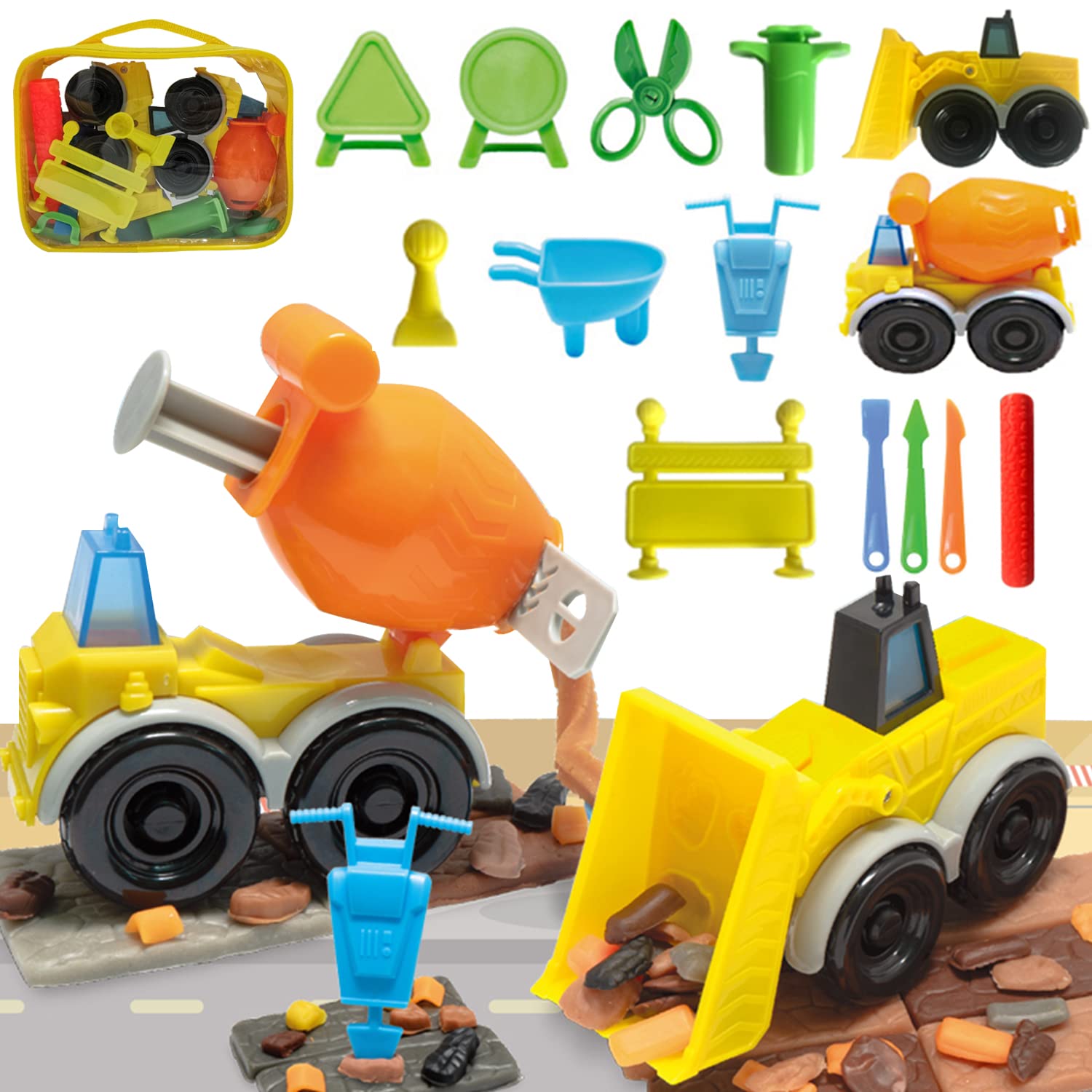 Jaeespon Car Dough Tool Play for Kids, Bulldozer and Cement Mixer Dough Set Construction Toy with Car Accessories Roller Scissor More and Storage Box, Best Toys Gift for Age 3+