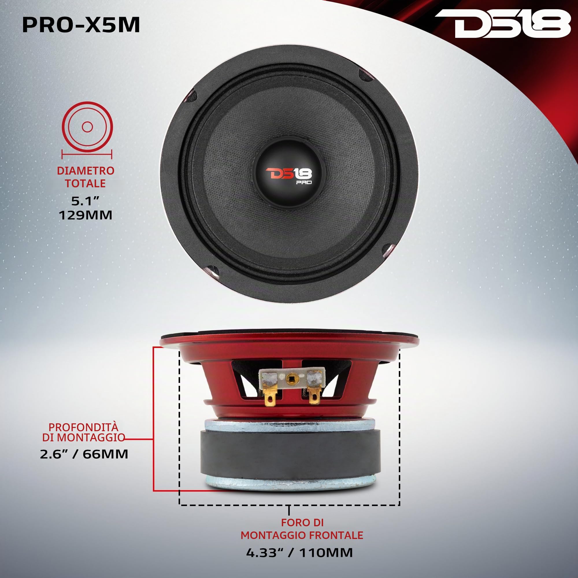 DS18 1 MIDRANGE PRO-X5M altoparlante da 13,00 cm 130 mm 5.25" di diametro 150 watt rms 300 watt max 8 ohm casa auto home - confezione da 1 pezzo