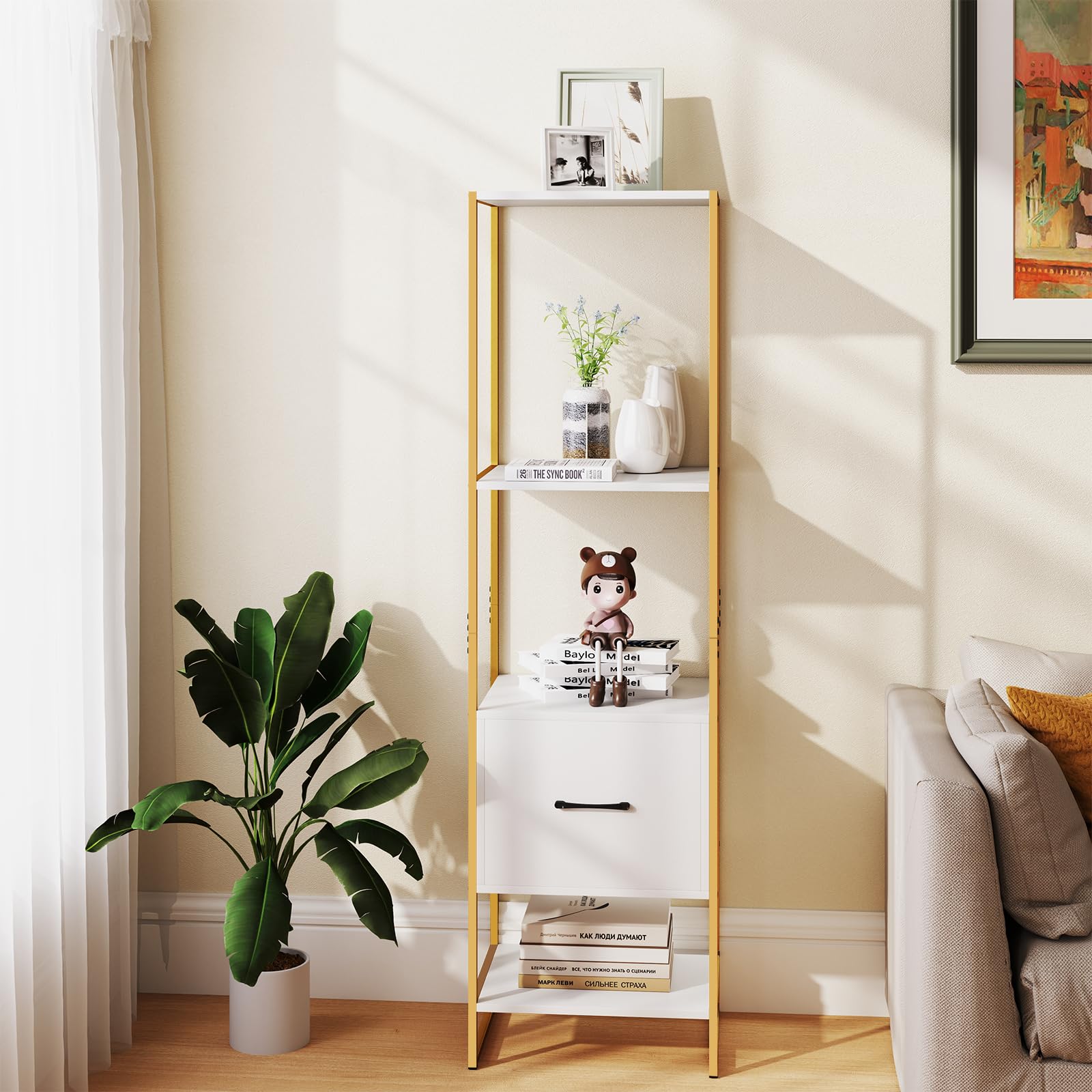 HOMASIS Libreria da Parete a 4 Ripiani e Cassetto, Libreria Verticale a Colonna da Terra in Legno, Struttura in Metallo, Scaffale ad Angolo per Soggiorno, Studio, Cucina, 45 x 35 x 160 cm (Bianco)