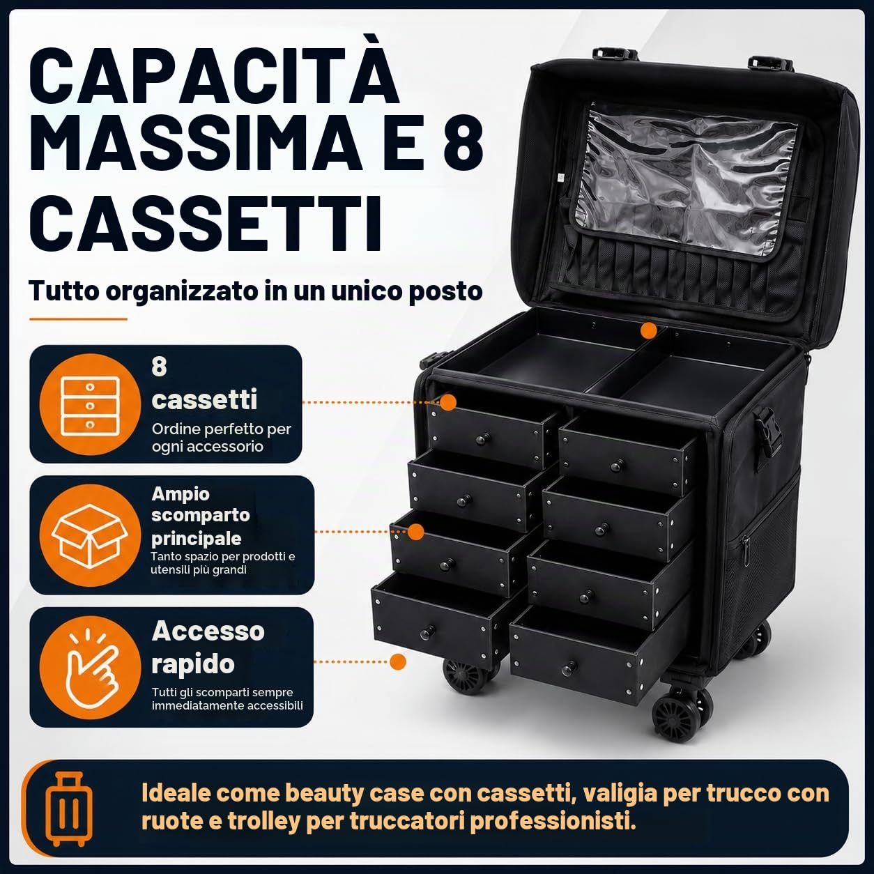 Beauty Case Rigido da Viaggio Professionale con Cassetti – Valigia Trucco per Parrucchieri ed Estetiste, Trolley Cosmetico Portatile con Ruote e Specchio, Nero Moderno