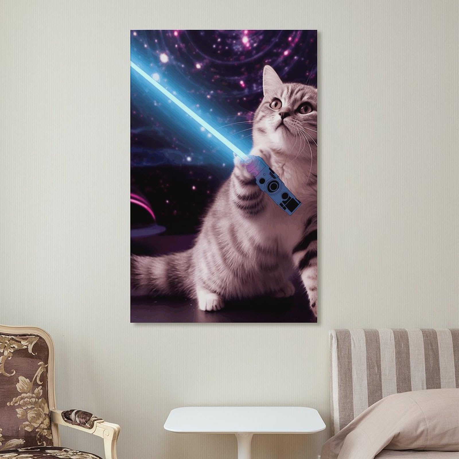 HEBVNJF Leinwandbild, Kunstwerk, Weltraum, Laserkatze, Neuheit, niedlich, lustig, Wandkunst, Wandkunstdruck, Poster für Wohnzimmer, Dekoration, Schlafzimmer, Büro