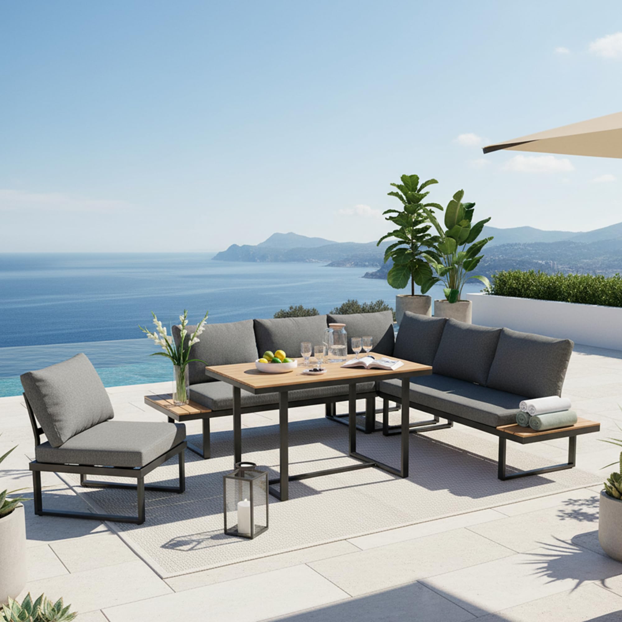 Salon de Jardin Exterieur 6/8 Personnes avec Fonction d'inclinaison Réglable(5 Positions, Jusqu'à 55°), Canapé d'angle Jardin Exterieur avec Plateau en Bois, 1 Table de Jardin Basses, Noir et Gris