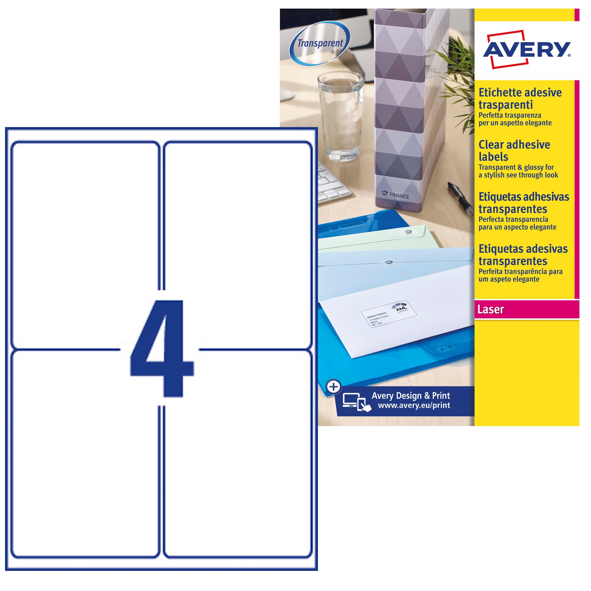 Avery Italia Etichette trasparenti lucide 99,1x139mm, 4 etichette per foglio, adesivo permanente, stampanti Laser, confezione da 25 fogli