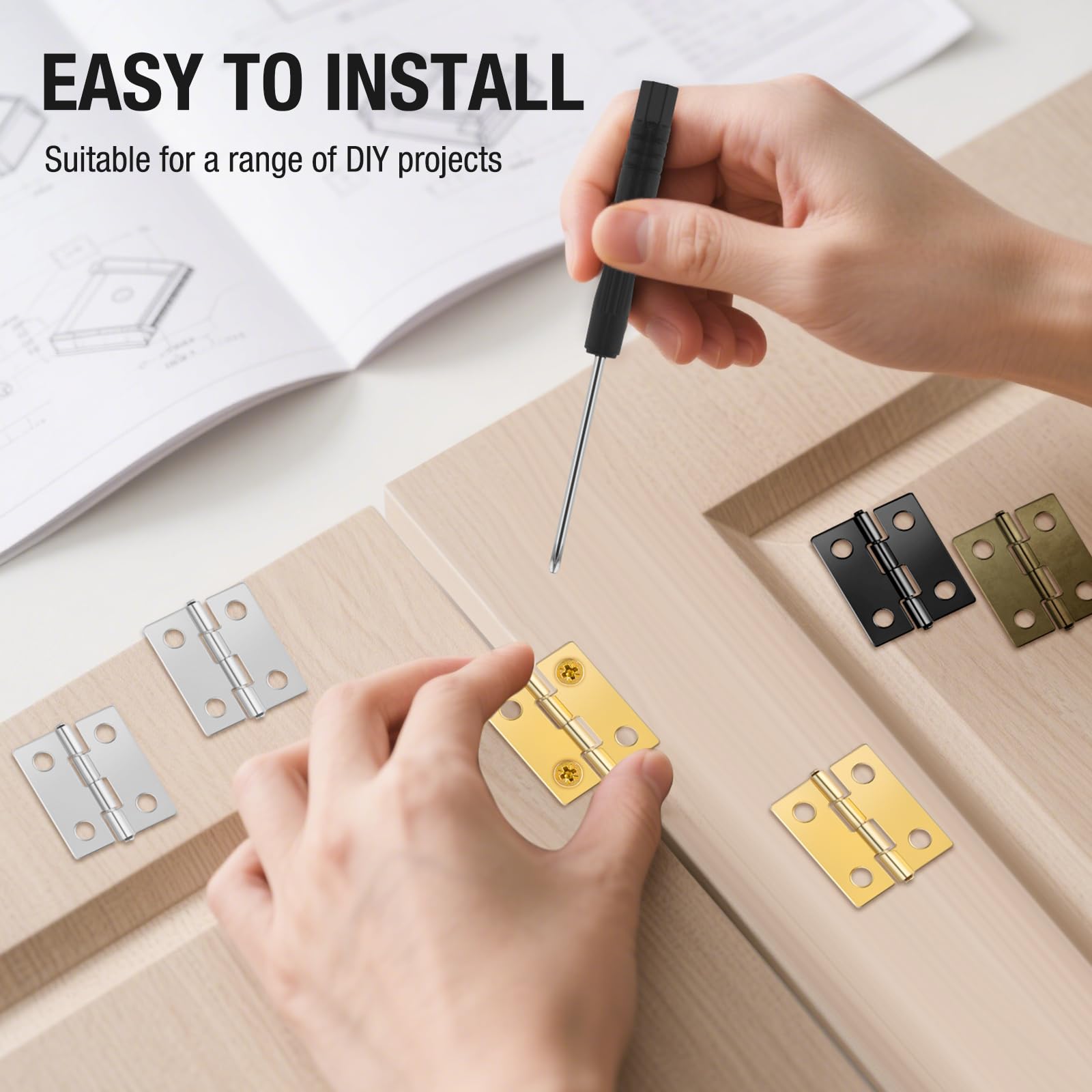 120 Pcs 1 inch Small Hinges,4 Colours Hinge for Wooden Boxes,Small Cabinet Hinges with 480 Screws and 1 Screwdriver,Door Hinges for DIY Crafts,Jewelry Box,Cabinet - Image 3