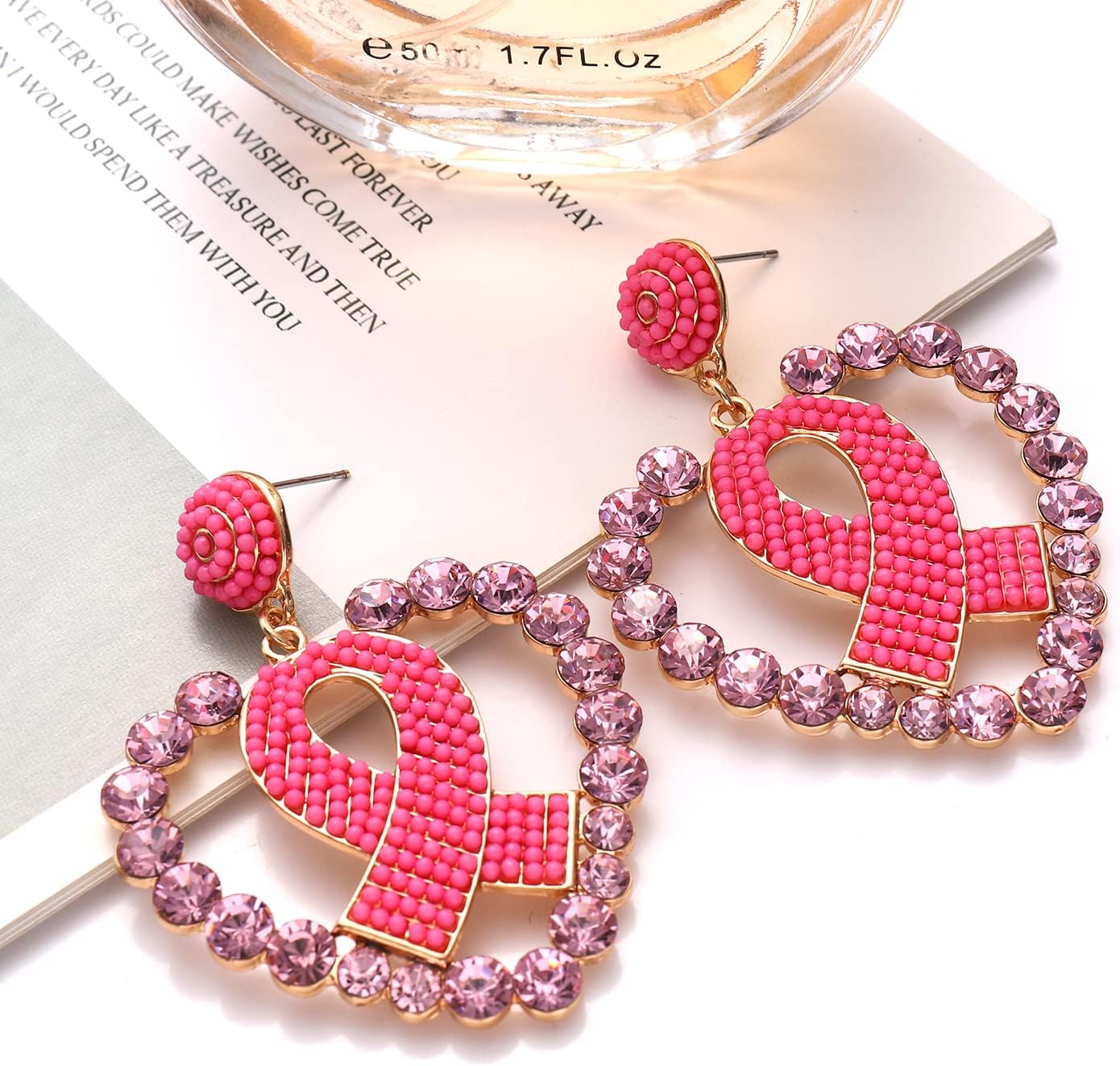 Breast Cancer Awareness Earrings Beaded Pink Ribbon Earrings for Women Glitter Rhinestone Heart Drop Dangle Earrings Statement Breast Cancer Survivor Jewelry Gifts (Crystal) - Image 6