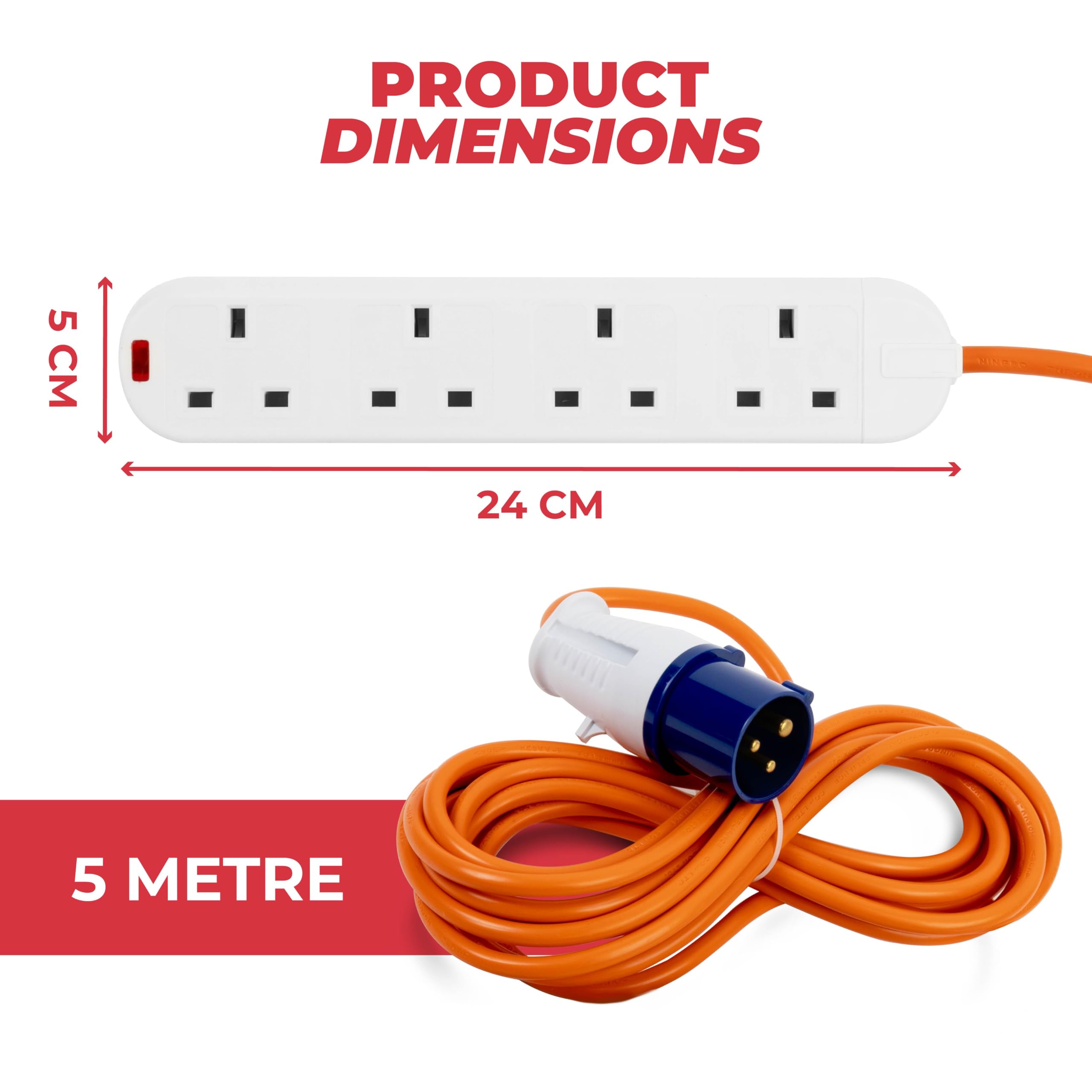 GADLANE Camping Electric Hook Up Cable - Heavy Duty 5 Metre, 4 Gang Electric Hook Up for Camping, Mobile Homes, Refrigerated Vehicles - High Visibility 16A Caravan Extension Lead (5M) — view 3