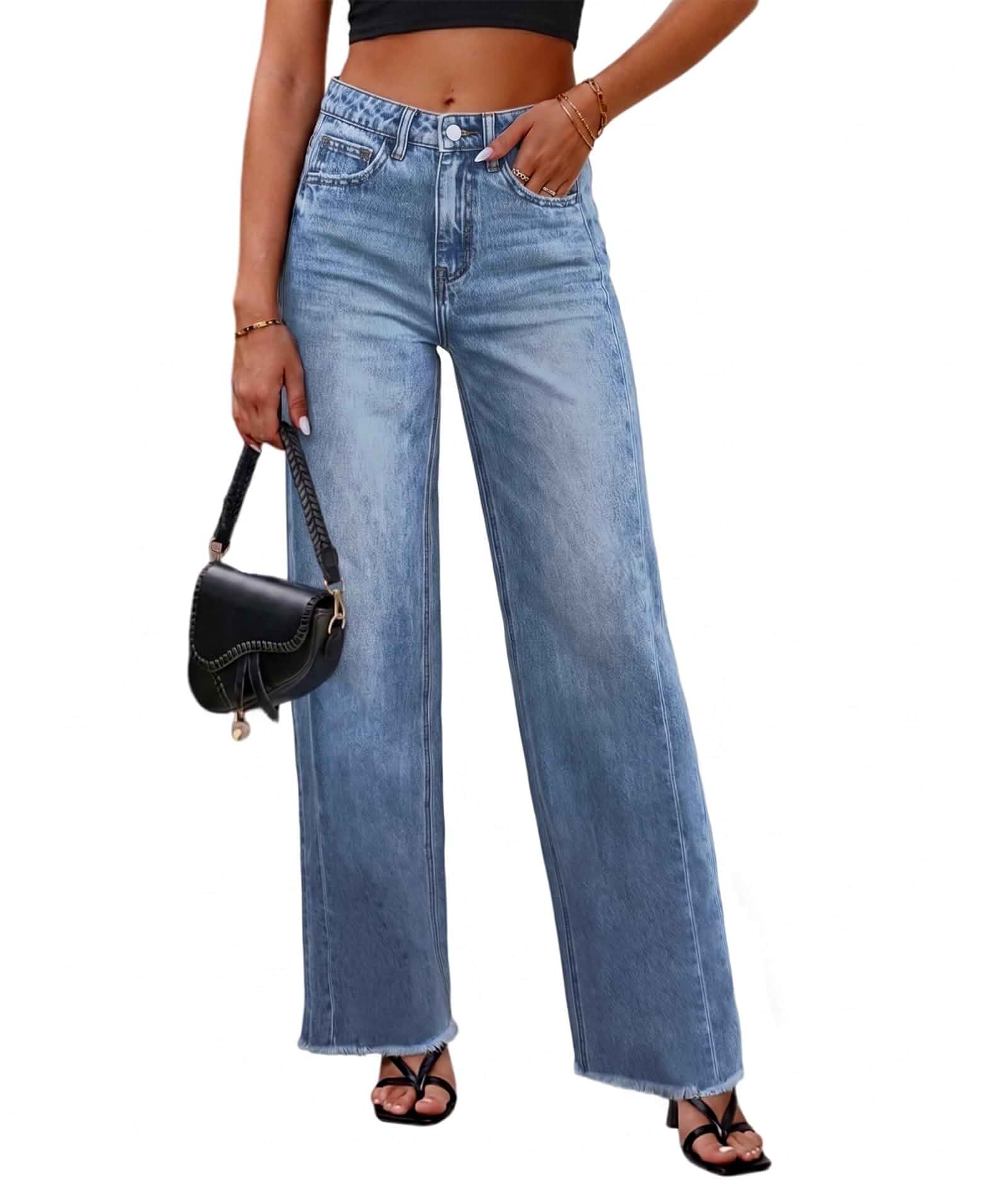 EARKOHA Womens Wide Leg Jeans Baggy Fall Winter Denim Pants with Pockets High Waisted Stretchy Loose Fit Jeans with Raw Hem Vacation Work Country Concert Outfits