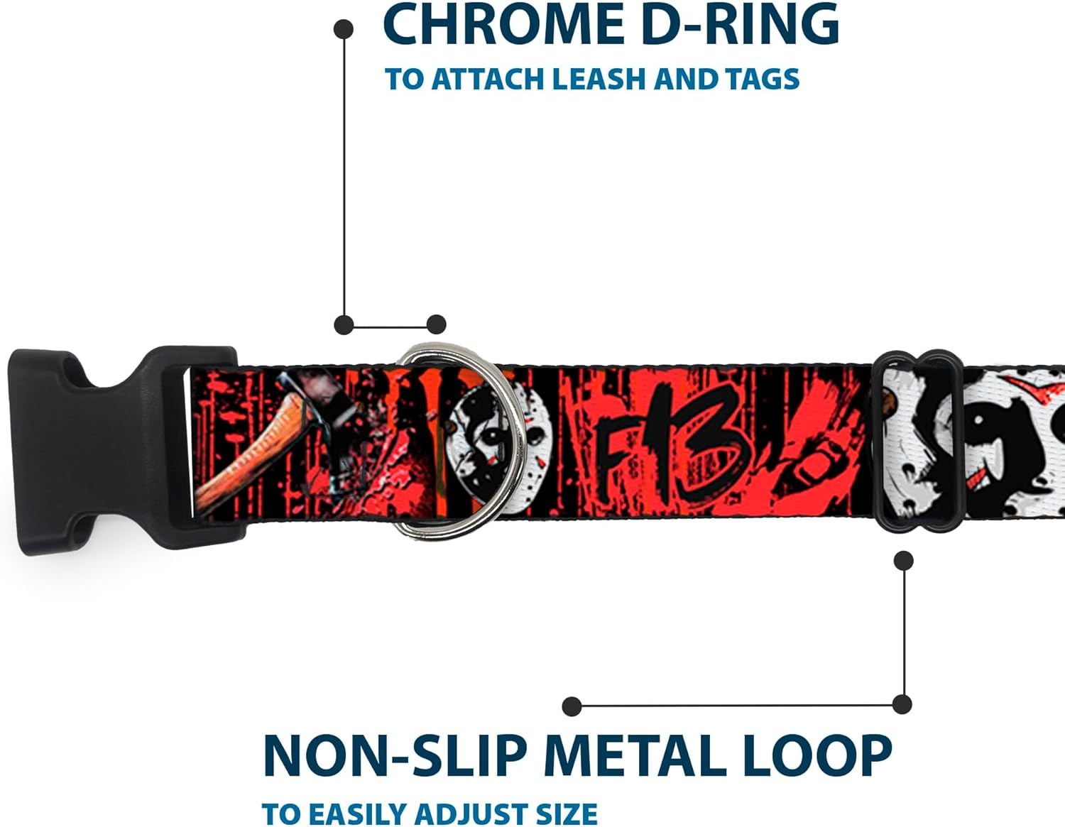 Warner Bros. Horror Movies Pet Collar, Dog Collar Plastic Buckle, Friday the 13th Jason Mask Axe Blood Splatter Black Red, 20 to 31 Inches 1.5 Inch Wide