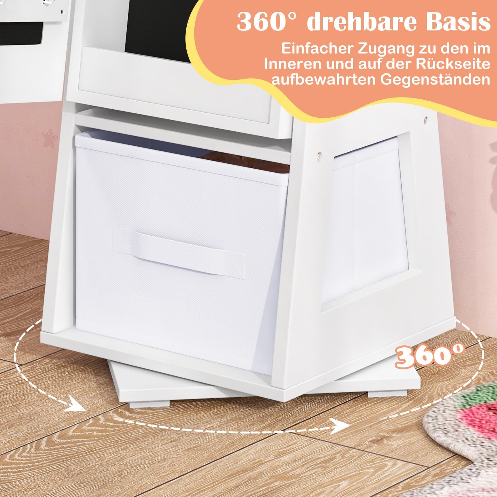 COSTWAY 4-in-1 kindersieradenkast, spiegelkast, 360° draaibaar, met full-body spiegel en kledingstandaard, sieradenorganizer met haak en plank, sieradenstandaard voor meisjes vanaf 3 jaar (wit