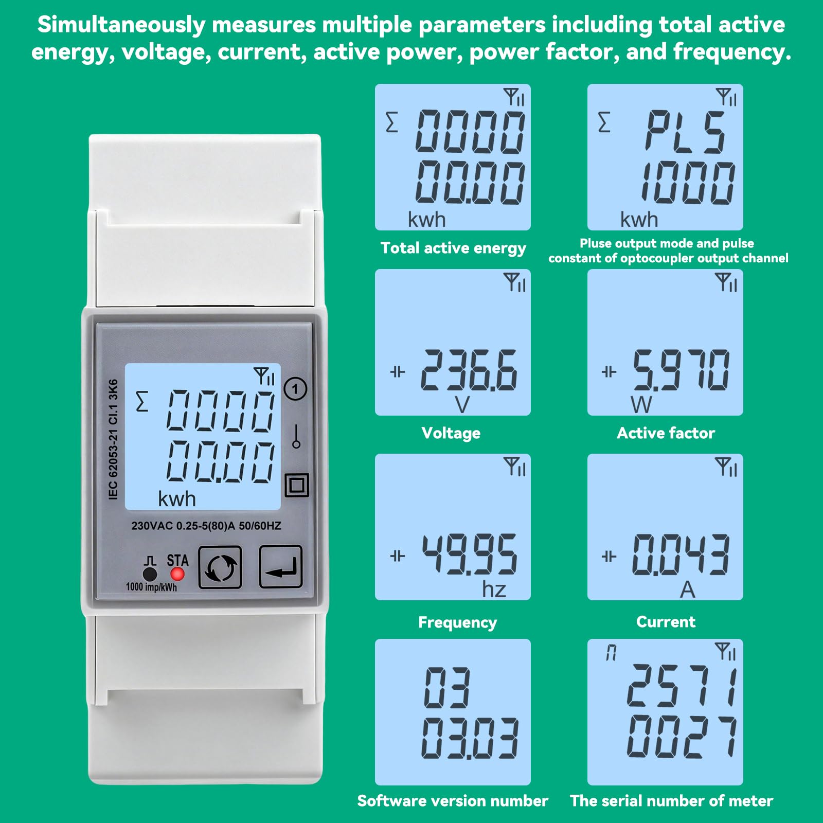 TUYA inteligentny licznik prądu z szyną elektryczną, 80 A, 1-fazowy, LCD, cyfrowy licznik prądu AC230 V, 1000 imp/kWh, dwukierunkowy pomiar i zabezpieczenie przed przepięciem DAC2120C