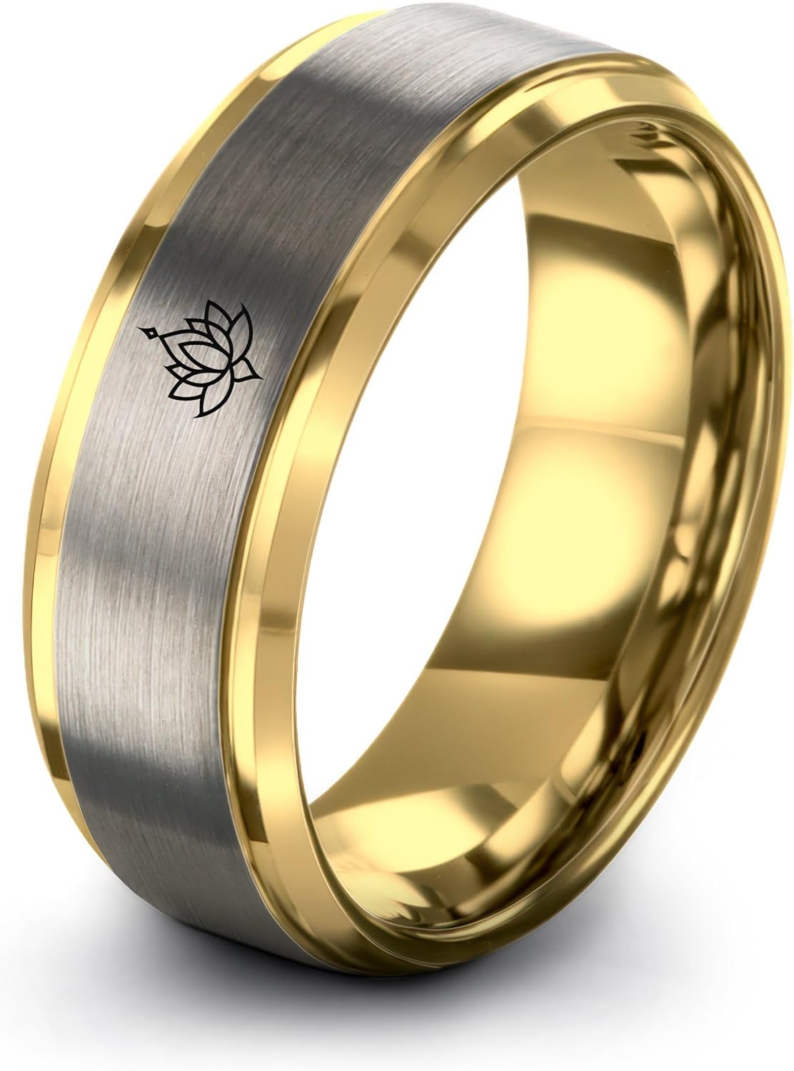 Lotus Flower Ring - Gift for Spiritually Minded Person - Flat Dome Bevel - Anniversary Wedding - Tungsten - Personalized Custom Engraving - Band - 8mm - Yellow Rose Gold Silver - Men Women - Brushed P