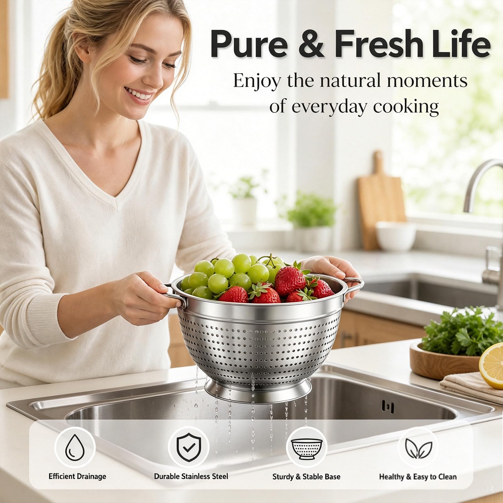 Colador, colador, colador, juego de 3 unidades con mango y base redonda, apilable, apto para lavavajillas, práctico colador de alimentos para pasta, frutas, arroz y verduras frescas (18+20+24+26)