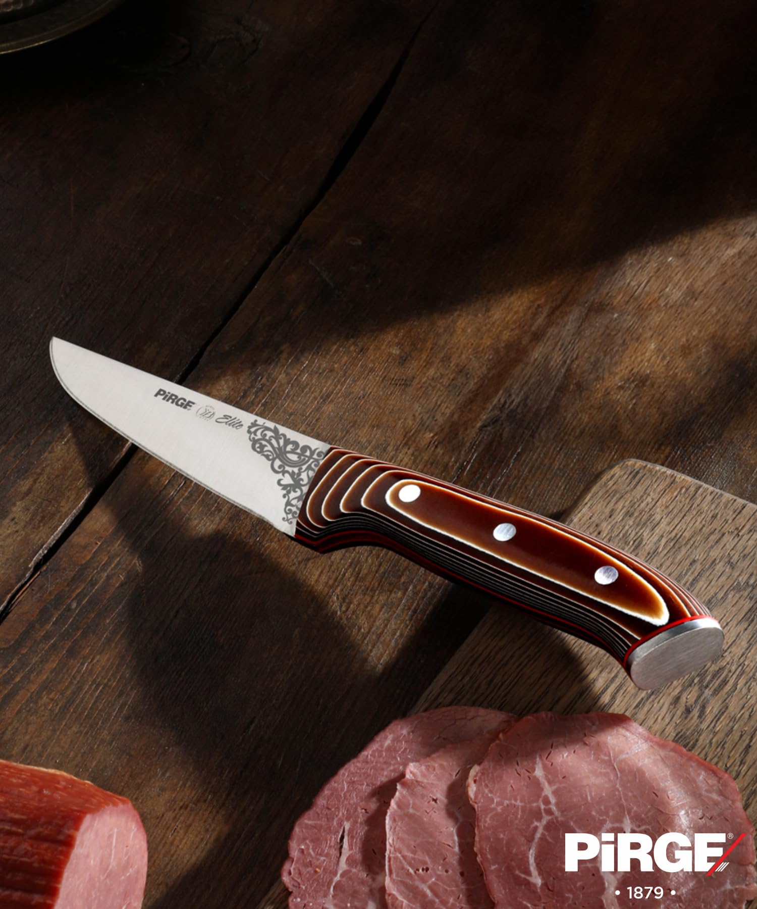 Pirge Elite - Juego de cuchillos de cocina con bloque de 7 piezas, acero inoxidable, madera compuesta, con bloque de madera de carpe, 56 HRC, acero inoxidable alemán con alto contenido de carbono, DIN