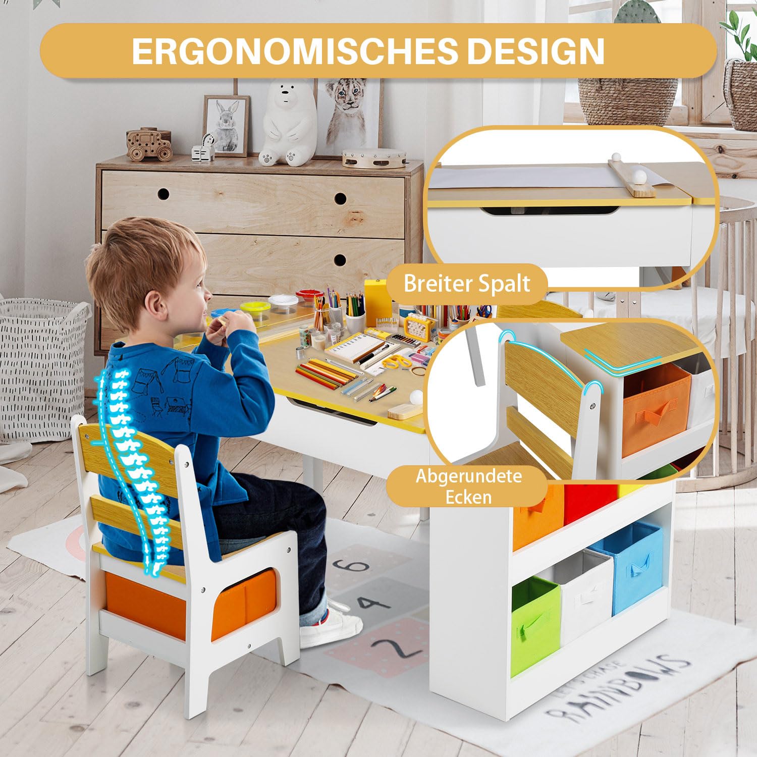 GRAVFORCE Kindertisch mit 2 Stühlen Maltisch & Basteltisch Kinder mit anhebbarer Tischplatte Spieltisch Kinderzimmer mit Stauraum Farbbechern 8 Stoffbehältern für Kinder ab 3 Jahren (Natural)