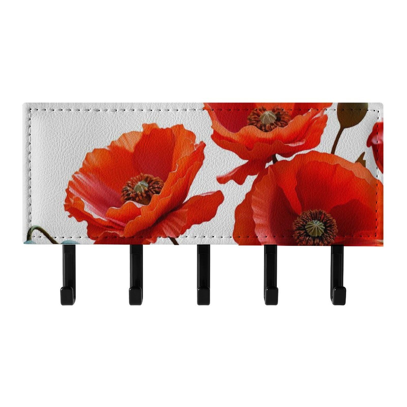 QMNLKH Poppy Flowers Vivid Petals Wall Mounted Key Rack for Home, No Drilling Key Holder with 5 Hooks, Self Adhesive Keys Chain Organizer for Hallway, Keys Hanger Shelf for Office, Doorway Black