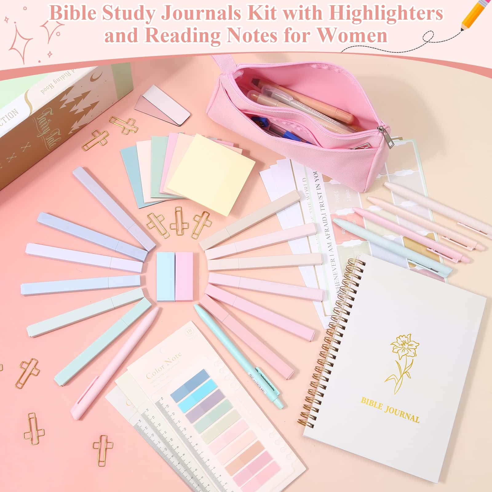 Flasoo Paquete de 106 suministros de estudio bíblico para mujeres, kit de anotación de diario de la iglesia, notas y marcadores con estuche y más accesorios de la Biblia, regalo cristiano