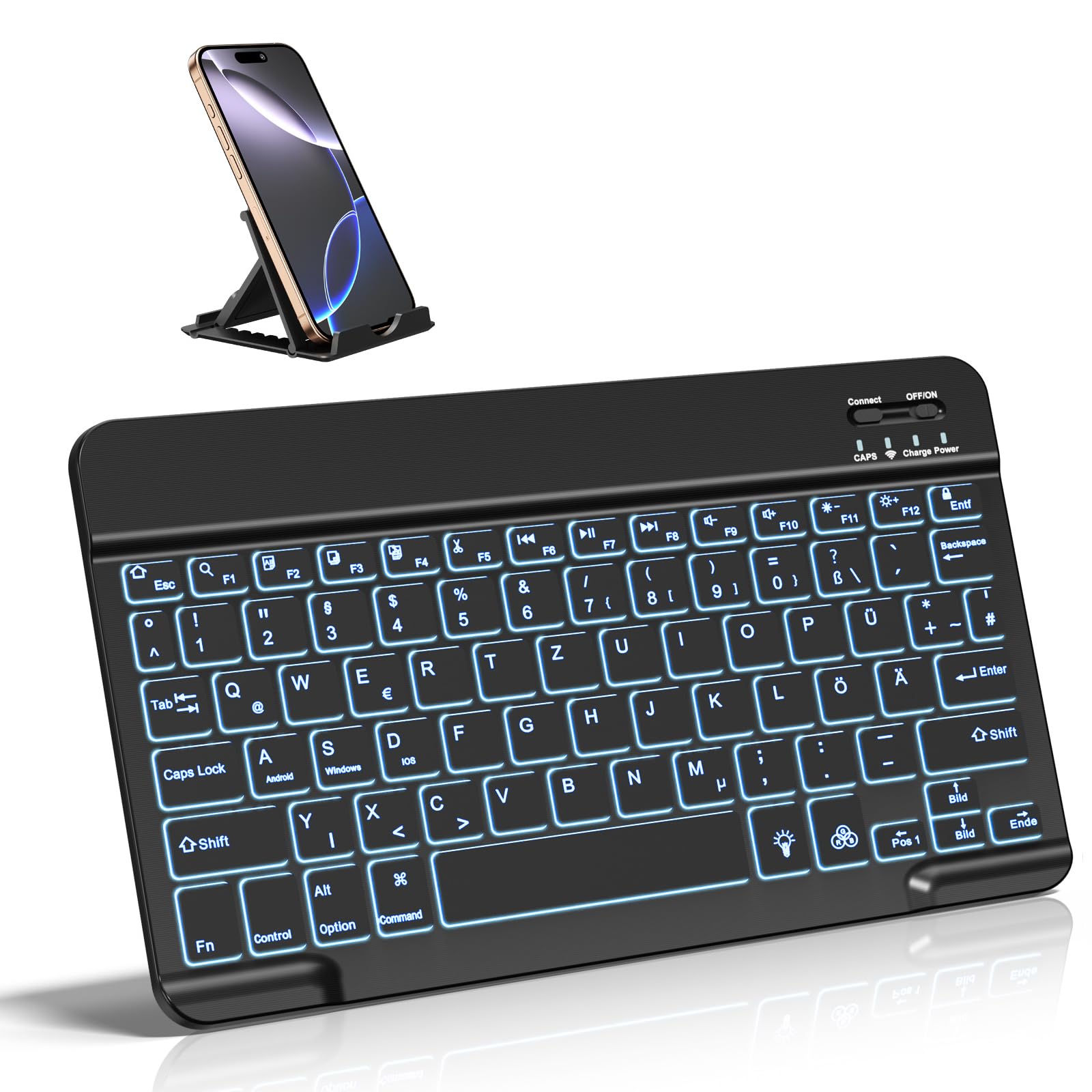 Vobafe Bluetooth Tastatur mit Telefonhalter für iPad Air/Pro/Mini/A16/11/10.9/10.2/iPhone, Kabellose Tablet Keyboard für iOS/Android/Windows, Deutsche QWERTZ, 7 Farben Beleuchtete, Schwarz