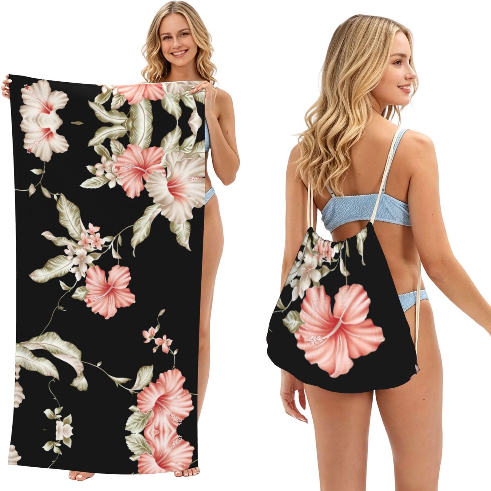 ESNAIUVCD Flower Print Beach Towel For Adults,Towel With Drawstring Bag, Travel Pool Swimming Sports Shower Sand Free Quick Dry Bath Towel For Pool, Beach, Yoga- 180x60cm