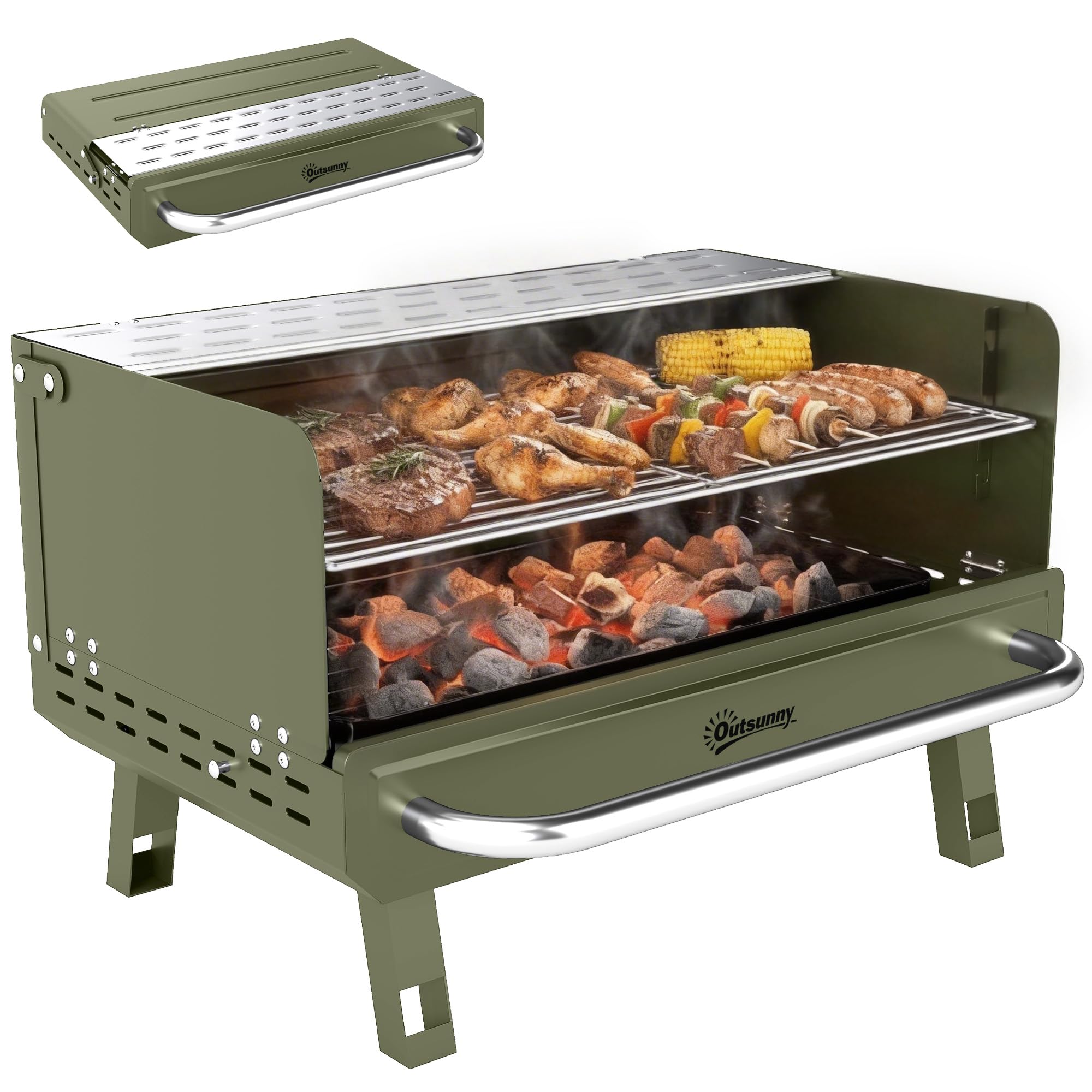 Outsunny Portable BBQ Grill, Charcoal Barbecue Grill with Adjustable Grates, Foldable Legs and Side Shelf for Camping Hiking Picnic Travel Garden Outdoor Cooking, Green