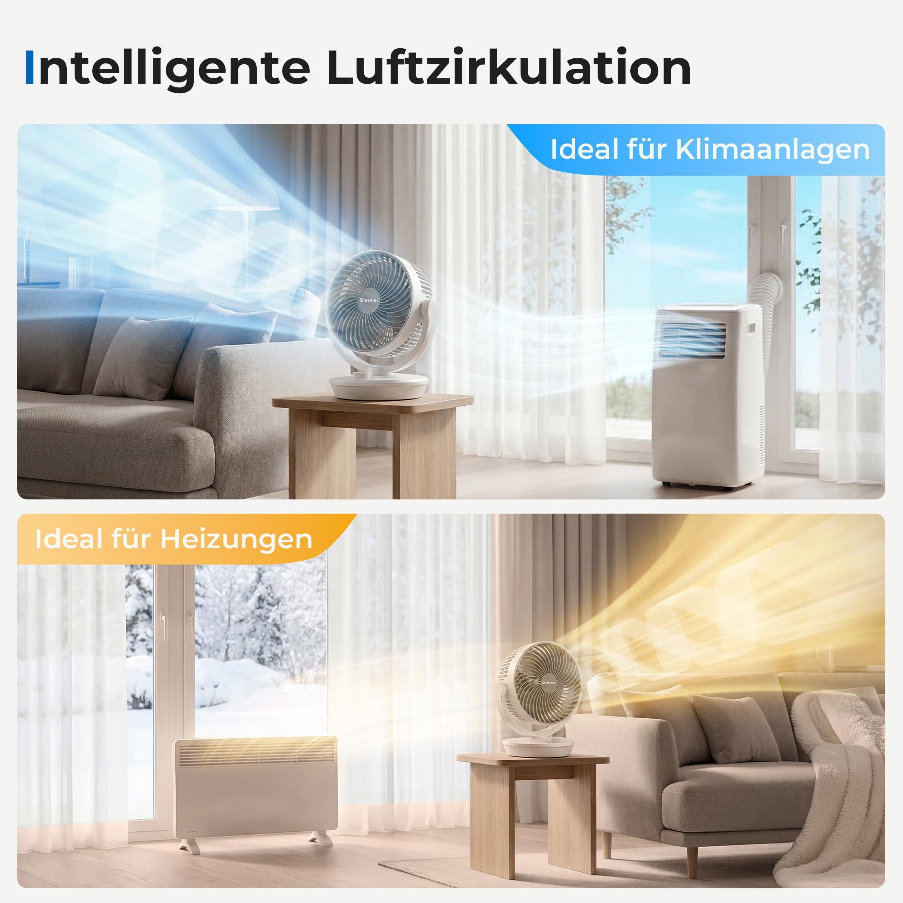 Ateroll Ventilator Leise, Tischventilator, 3D Turbo-Luftzirkulator mit 3 Geschwindigkeitsstufen, 130° Vertikal & 100° Horizontal Oszillation, Leiser Tischventilator für Wohnzimmer und Schreibtische