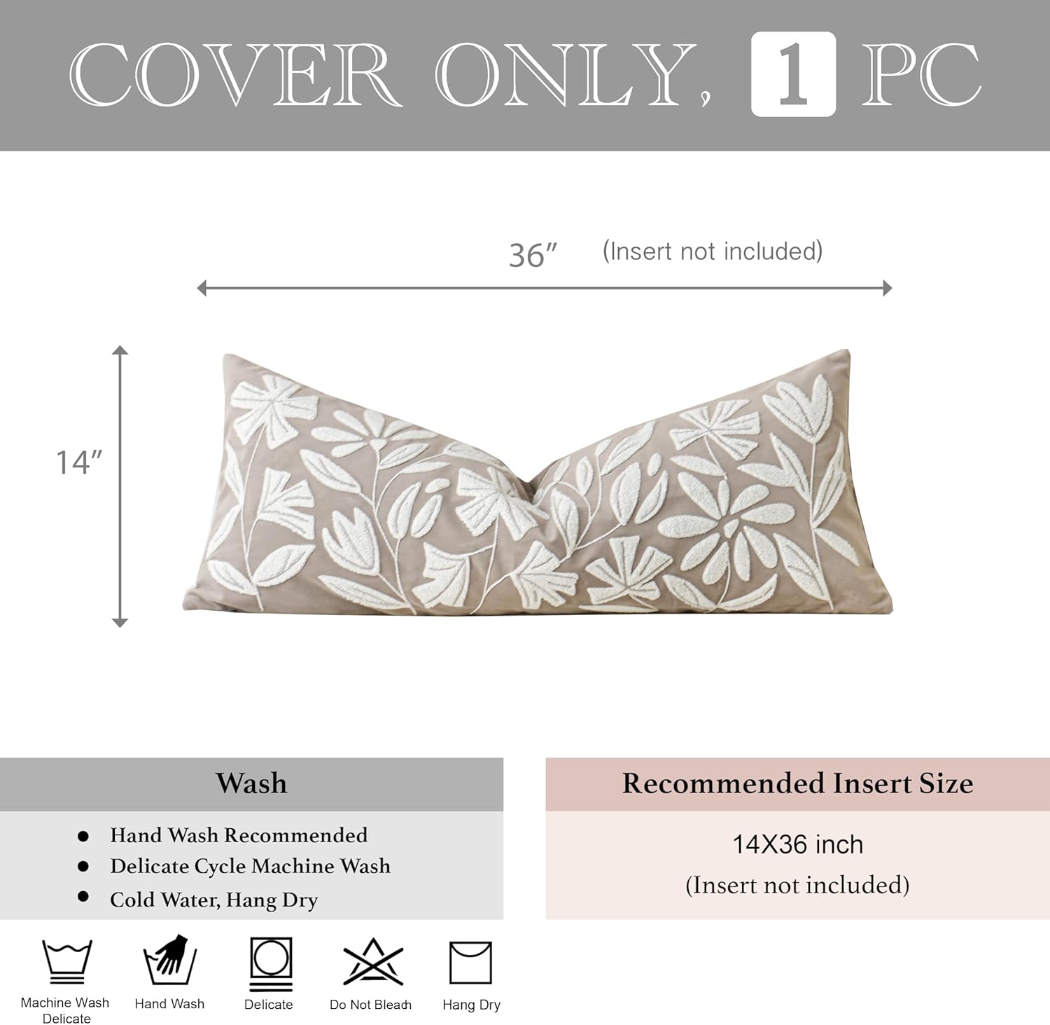 BlissBlush 14x36 Lumbar Pillow Cover for Bed, Taupe Rectangular Long Throw Pillowcase, Embroidered Velvet Floral Tufted Farmhouse Accent Cushion (Cover Only)