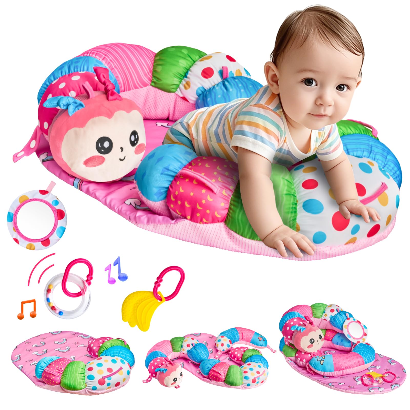 3-in-1 Caterpillar Tummy Time Pillow for Baby 0-6 Months, Detachable Tummy Time Playmat for Newborns, Sensory Toys for Babies 0 3 6 Months, Non-Slip Baby Support Seated Pillow, Gifts for Infant Girls
