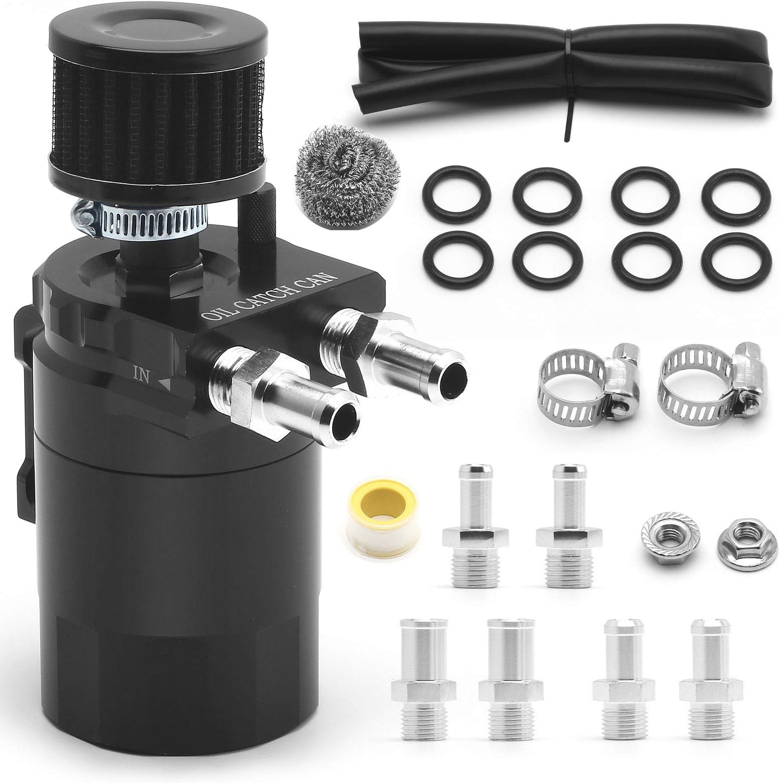 Universal Oil Catch Can Tank Kit Polish Baffled Reservoir with Breather Filter with 3/8" Fuel Line,Aluminum,Black,400ml