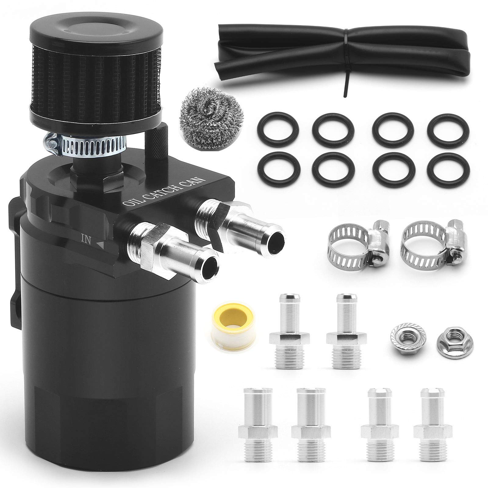 muge racing Universal Oil Catch Can Tank Kit Polish Baffled Reservoir with Breather Filter with 3/8" Fuel Line,Aluminum,Black,400ml