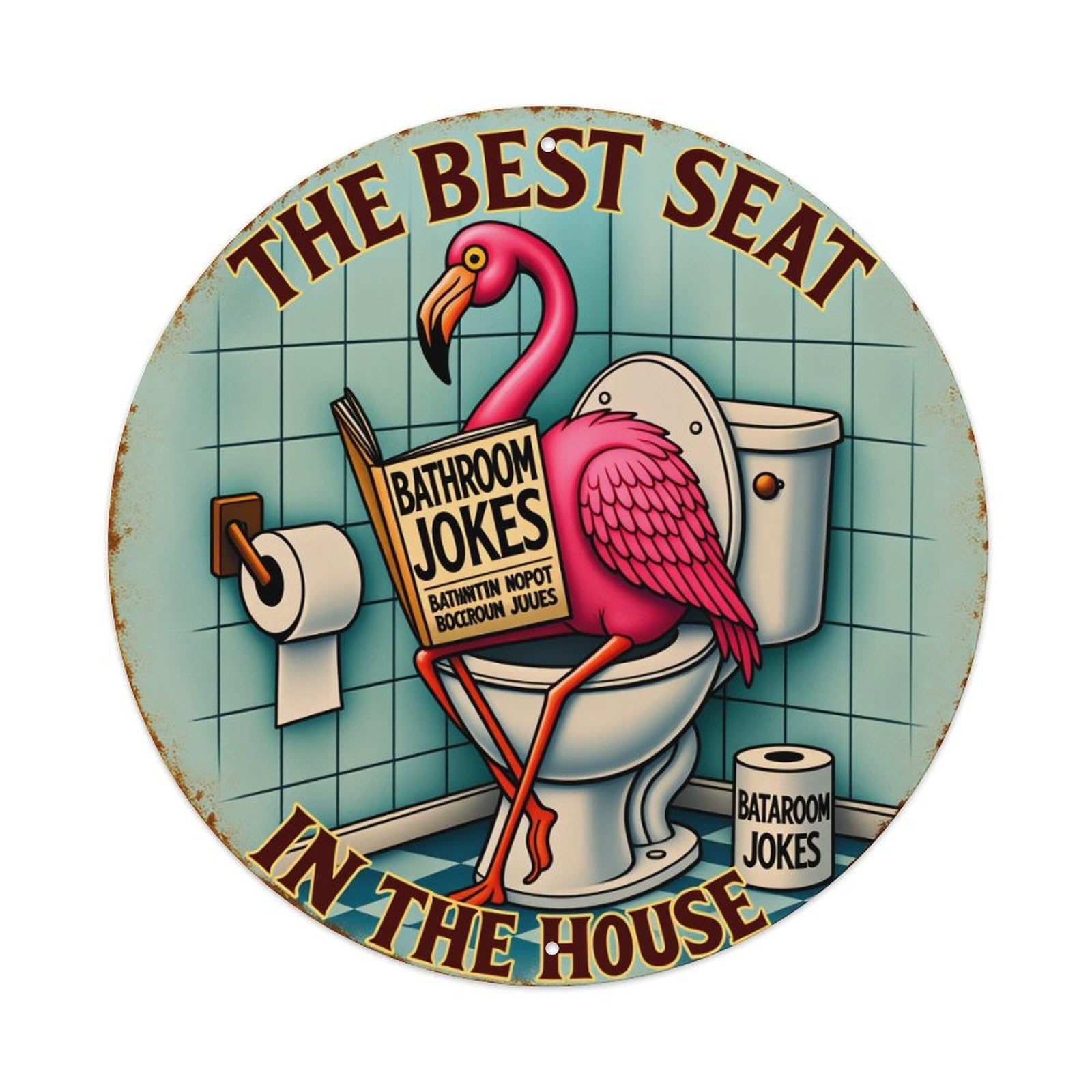 Flamingo Reading Jokes On Toilet Round Tin Sign Vintage Style Metal Sign Home Bar Garden Wall Plaque Decor Metal Poster 8x8 Inch