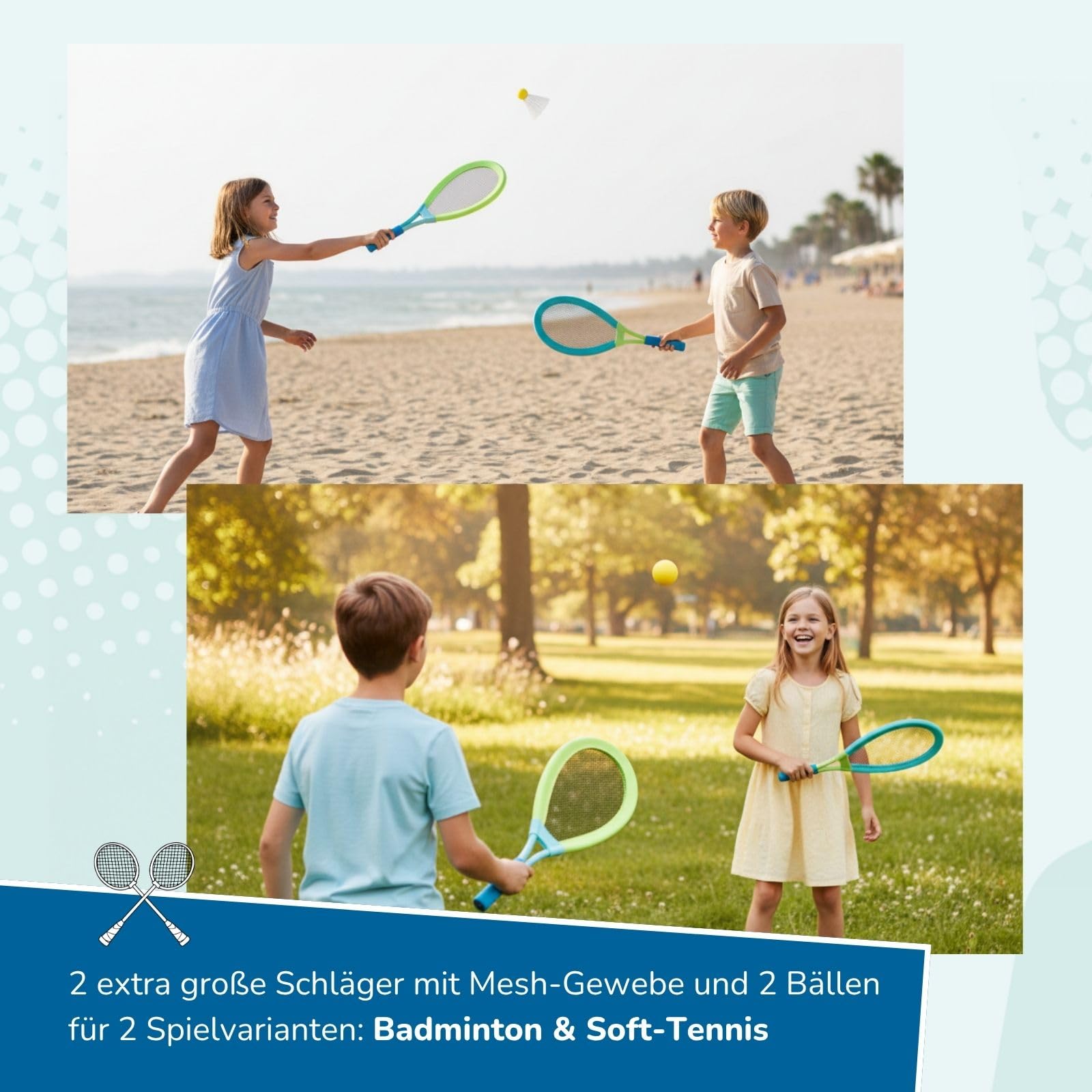 alldoro 68781 Outdoor Set - XL Federball, Soft Tennis & Schweifball, 2 Rückschlagspiele mit XL-Schläger & Kometenball, für Garten & Strand, ab 5 Jahre