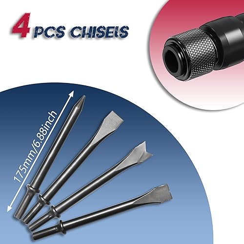 Miniatura 5 de Martillo neumático, kit de cincel de aire de barril corto NEU PNEUPACTURE de 7.480 in, con 4 cinceles, con retenedor de cambio rápido, cincel de