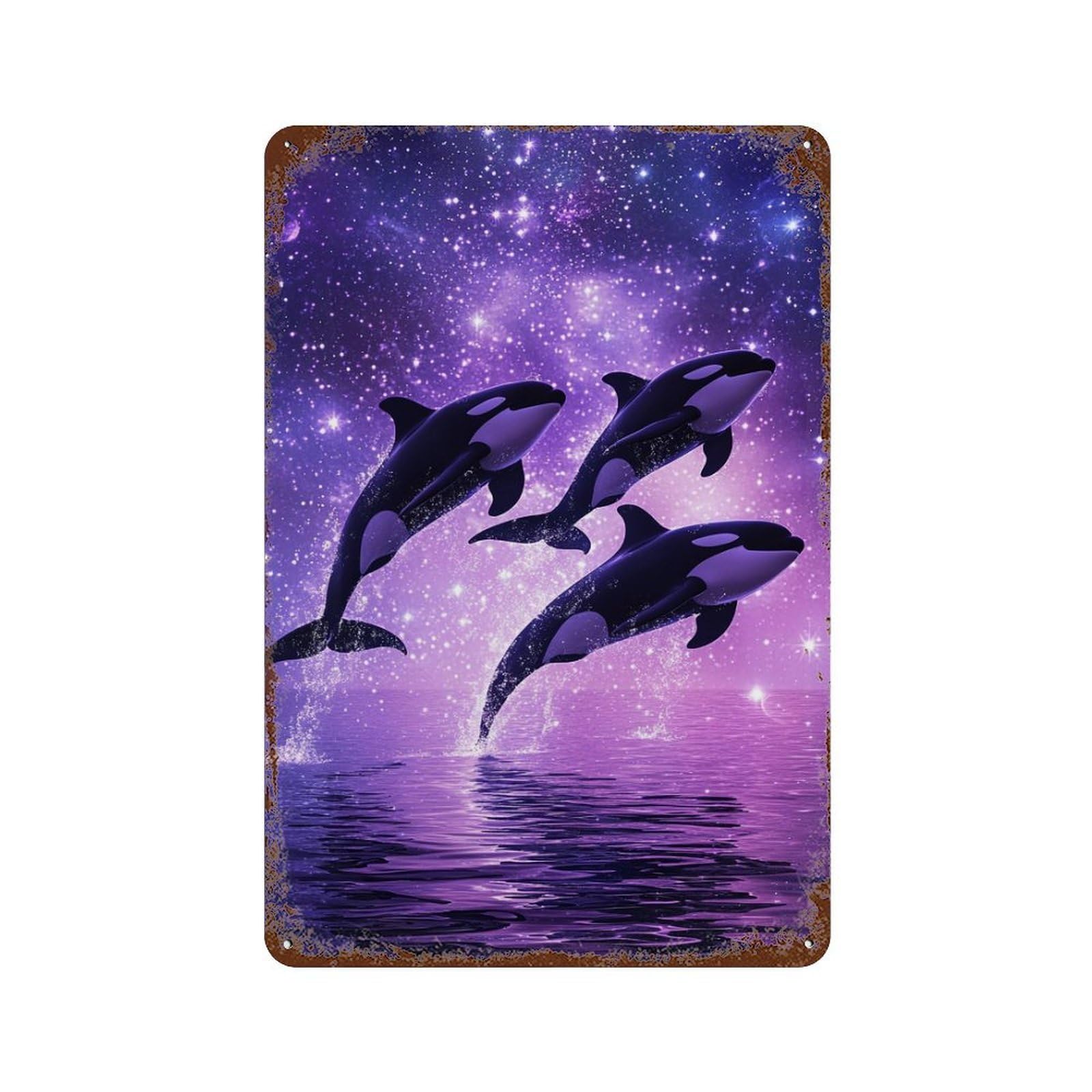 Distressed Metal Wall Sign Whales Jumping in Starry Sky 11.8"x7.9", Shabby Chic Decor for Patio, Garden Room And Bar Decor