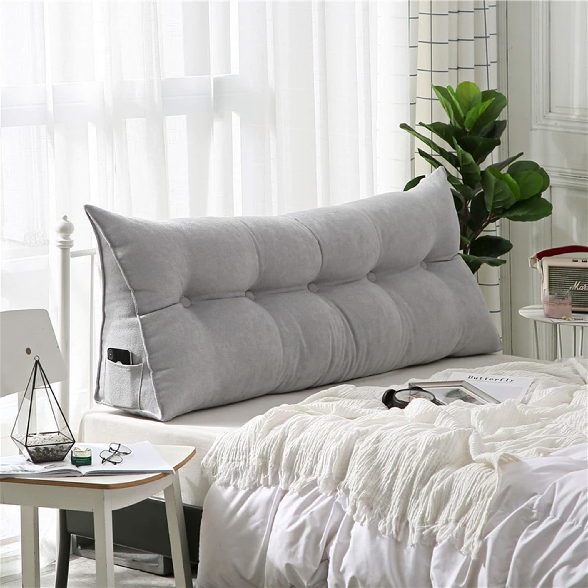 DUOLEH Headboard Triangular Rest Reading Pillow, Triangular Wedge Bolster Pillow, Large Headboard Backrest, Lumbar Support Cushion with Pocket, Wedge Cushion for Beds (80x50x20cm,Grey)